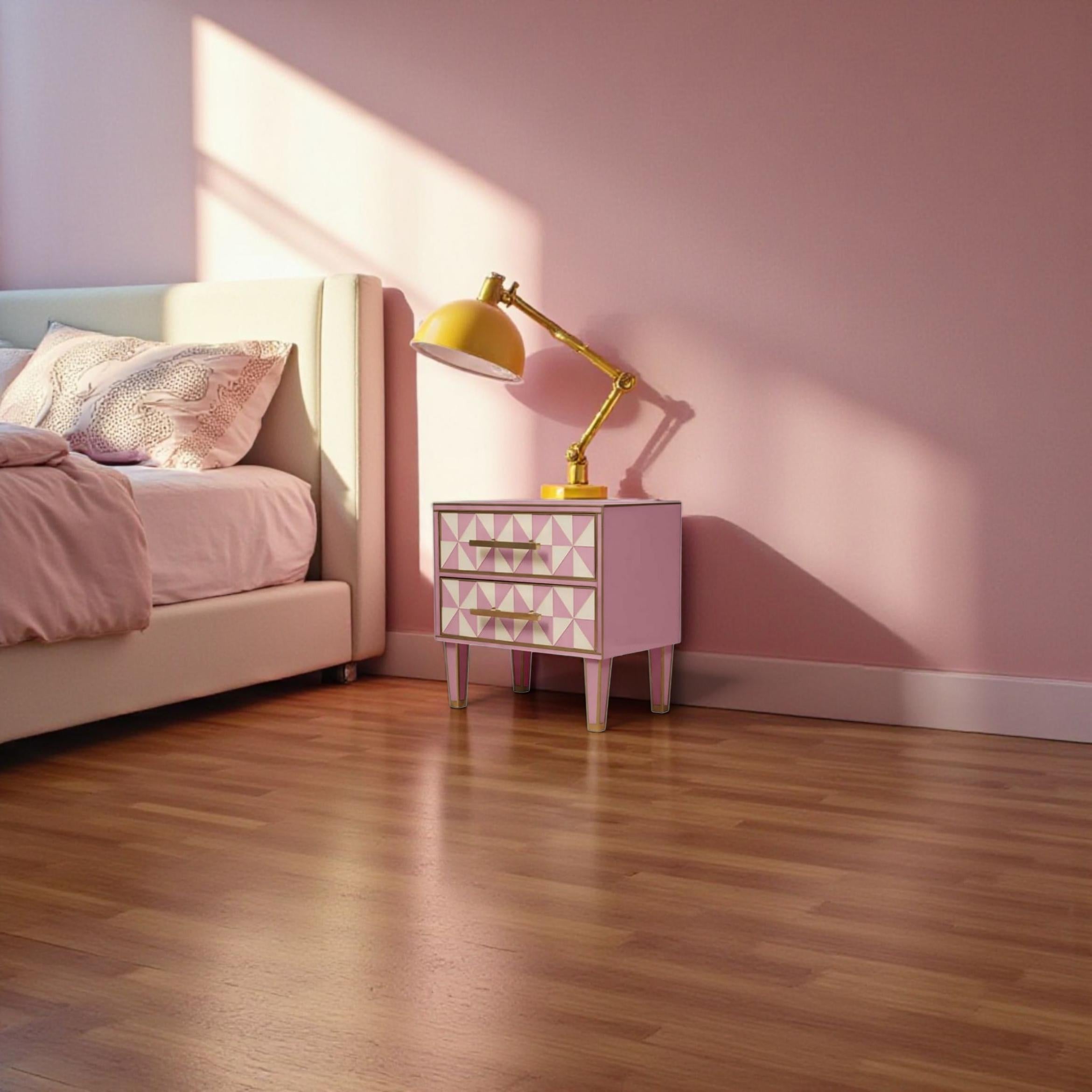 Paire de tables de nuit italiennes à effet optique Verre de Murano rose et blanc avec laiton en vente 1