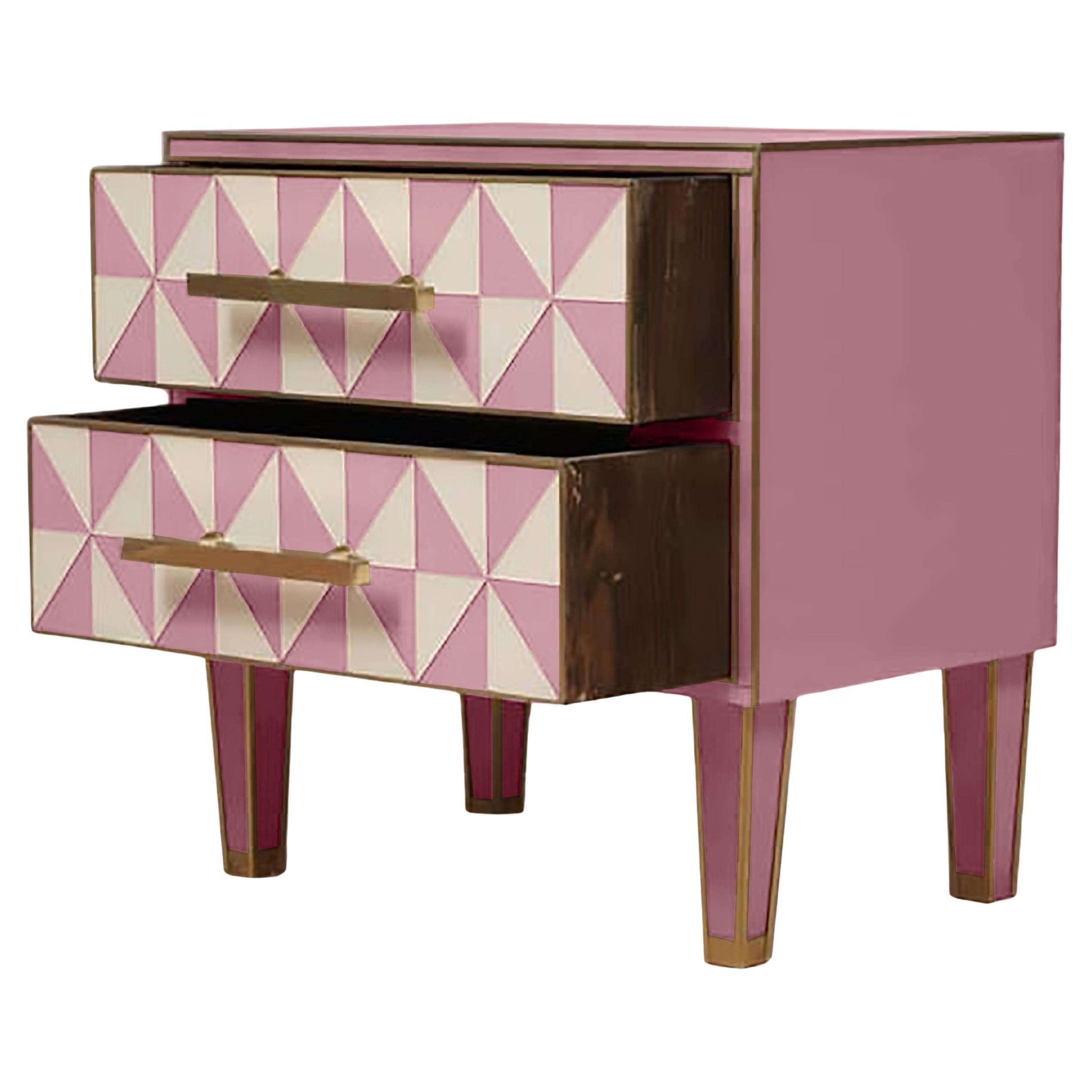 Pareja de Mesillas de Noche Italianas Efecto Óptico Cristal de Murano Rosa y Blanco con Latón