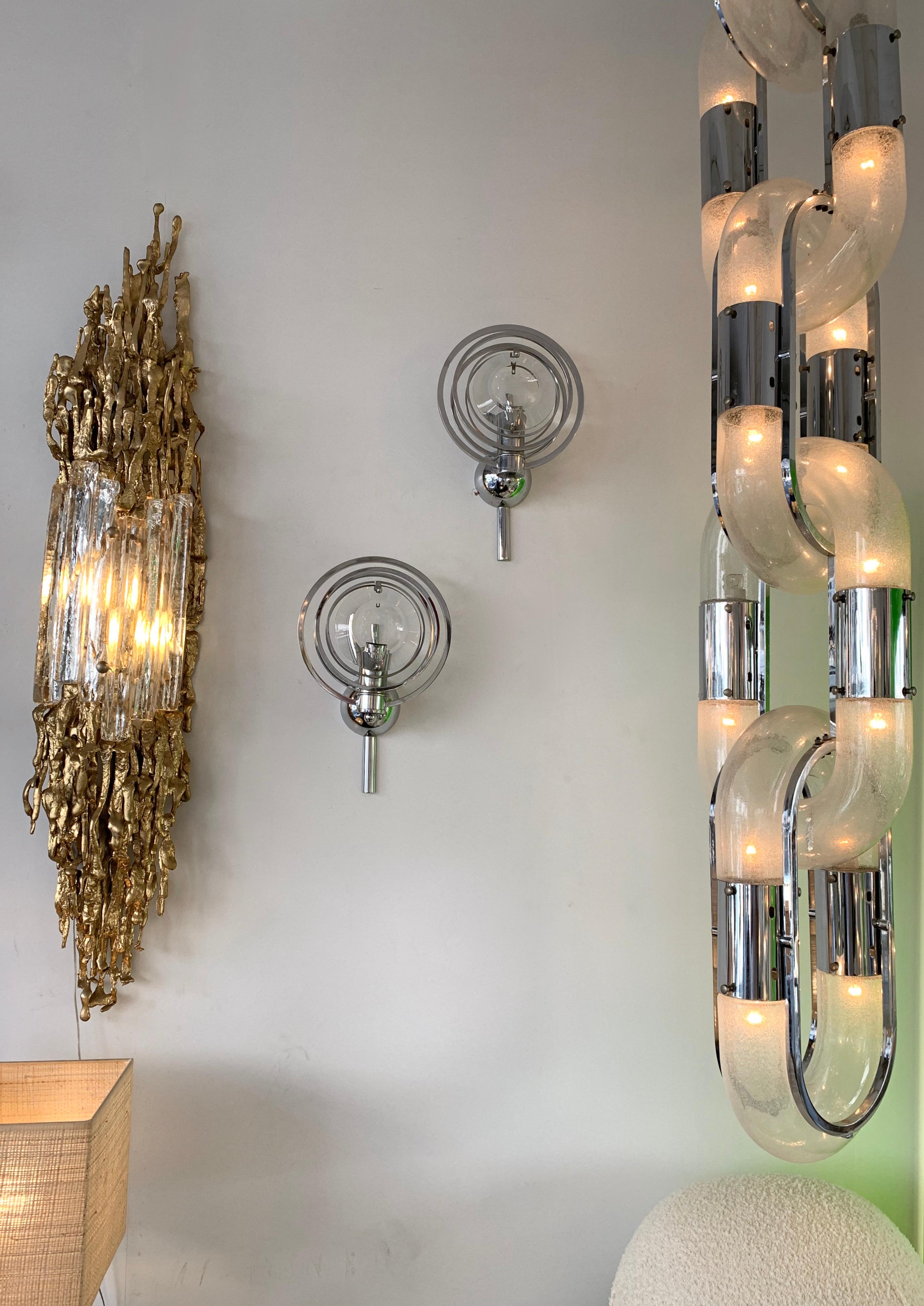 Pair of Optical Metal Chrome Sconces by Oscar Torlasco, Italy, 1970s For Sale 2