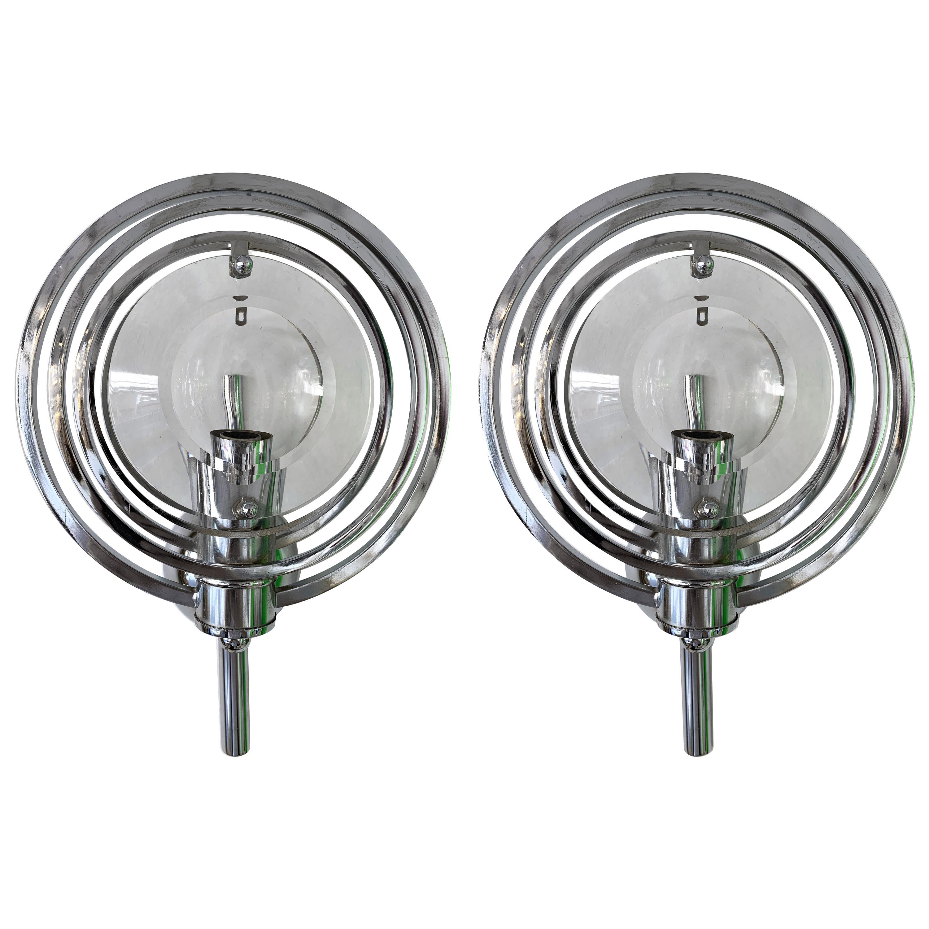 Pair of Optical Metal Chrome Sconces by Oscar Torlasco, Italy, 1970s For Sale
