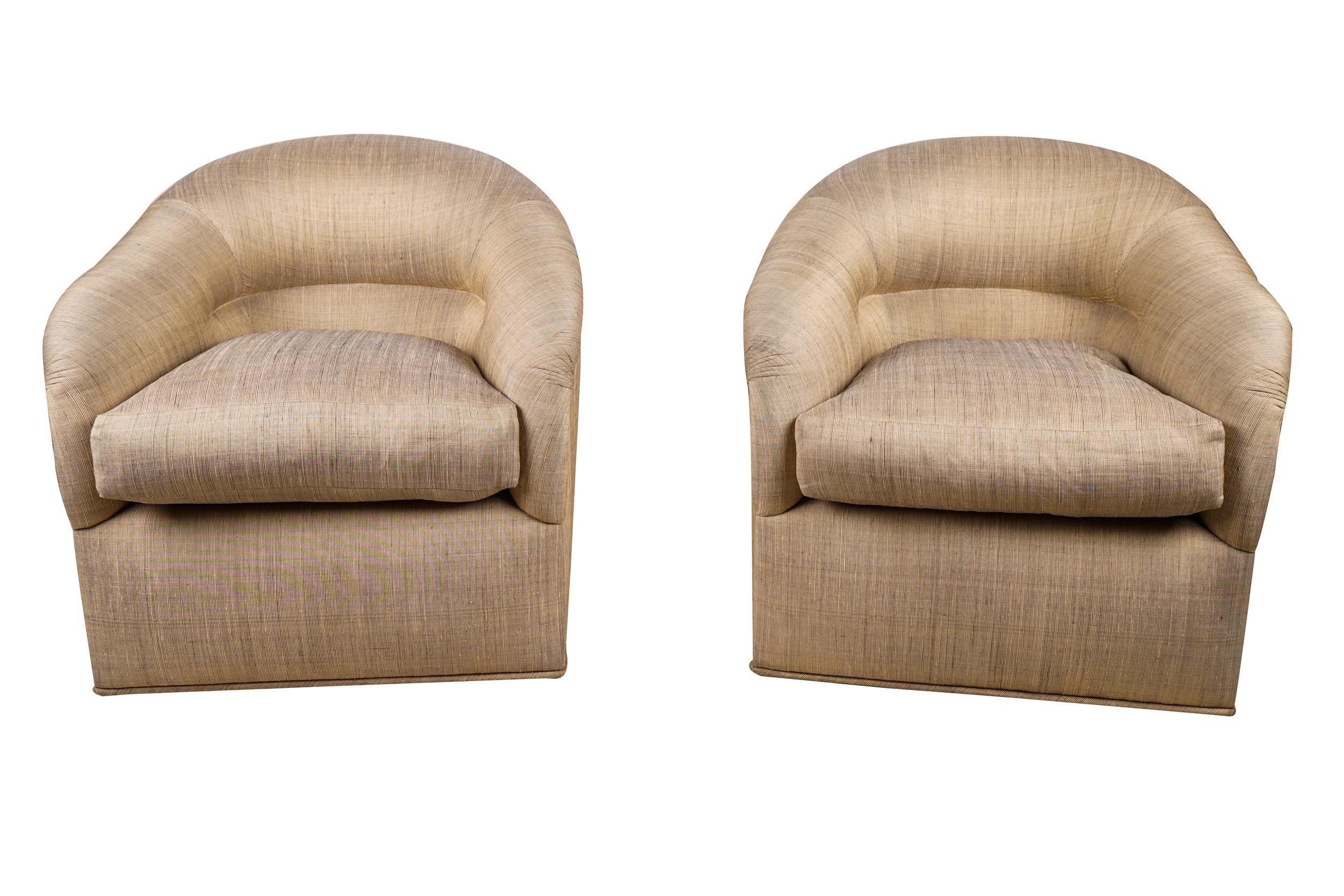 Pair of opulent J. Robert Scott upholstered club chairs. Designed by Sally Sirkin Lewis. Original labels. Deep and very comfortable. Perfect for long conversations.