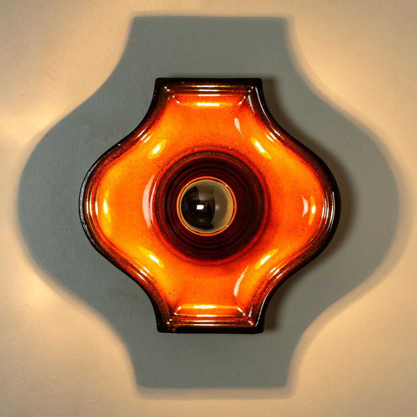 Pair of Orange and Brown Ceramic Wall Light, West-Germany For Sale 4