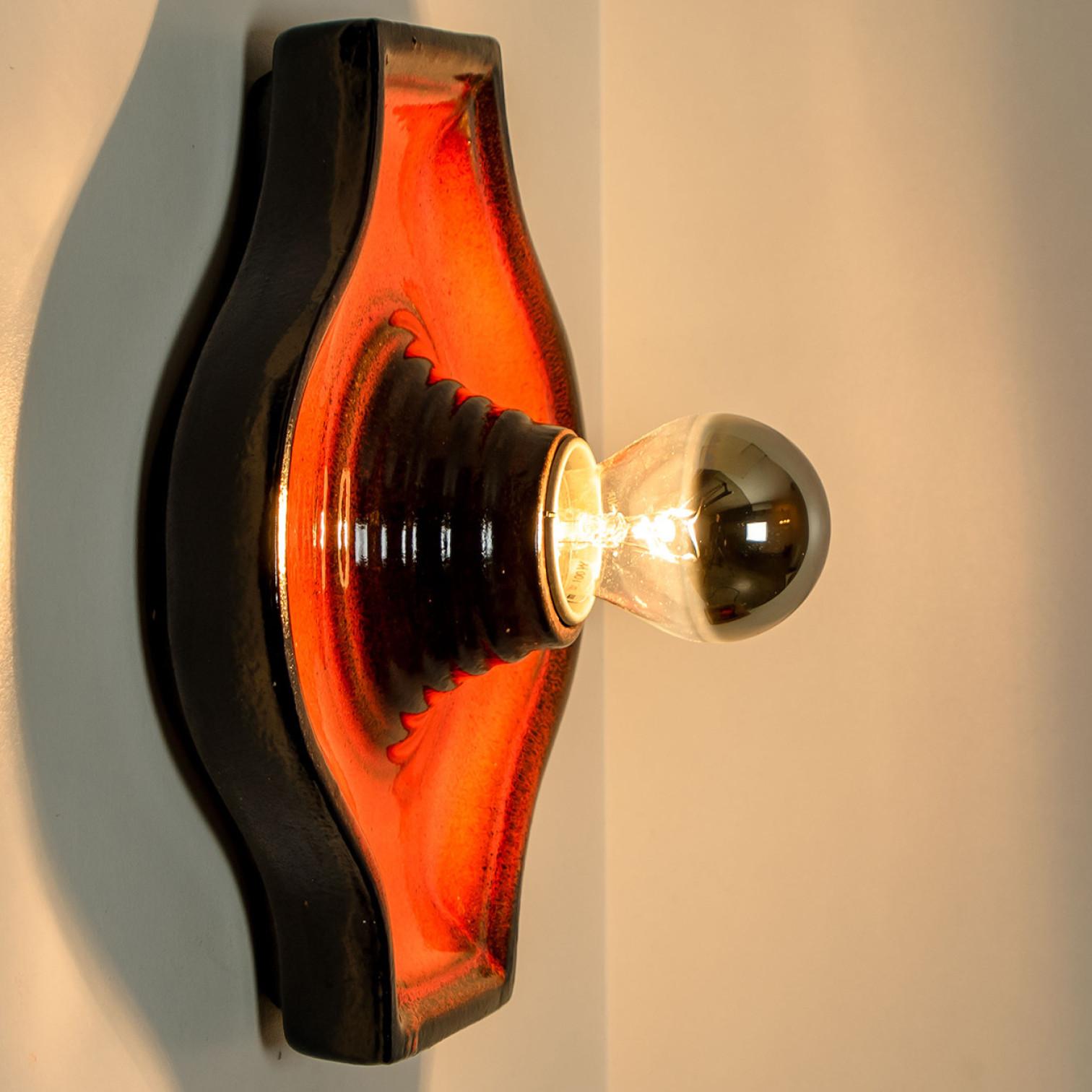Pair of Orange and Brown Ceramic Wall Light, West-Germany For Sale 6
