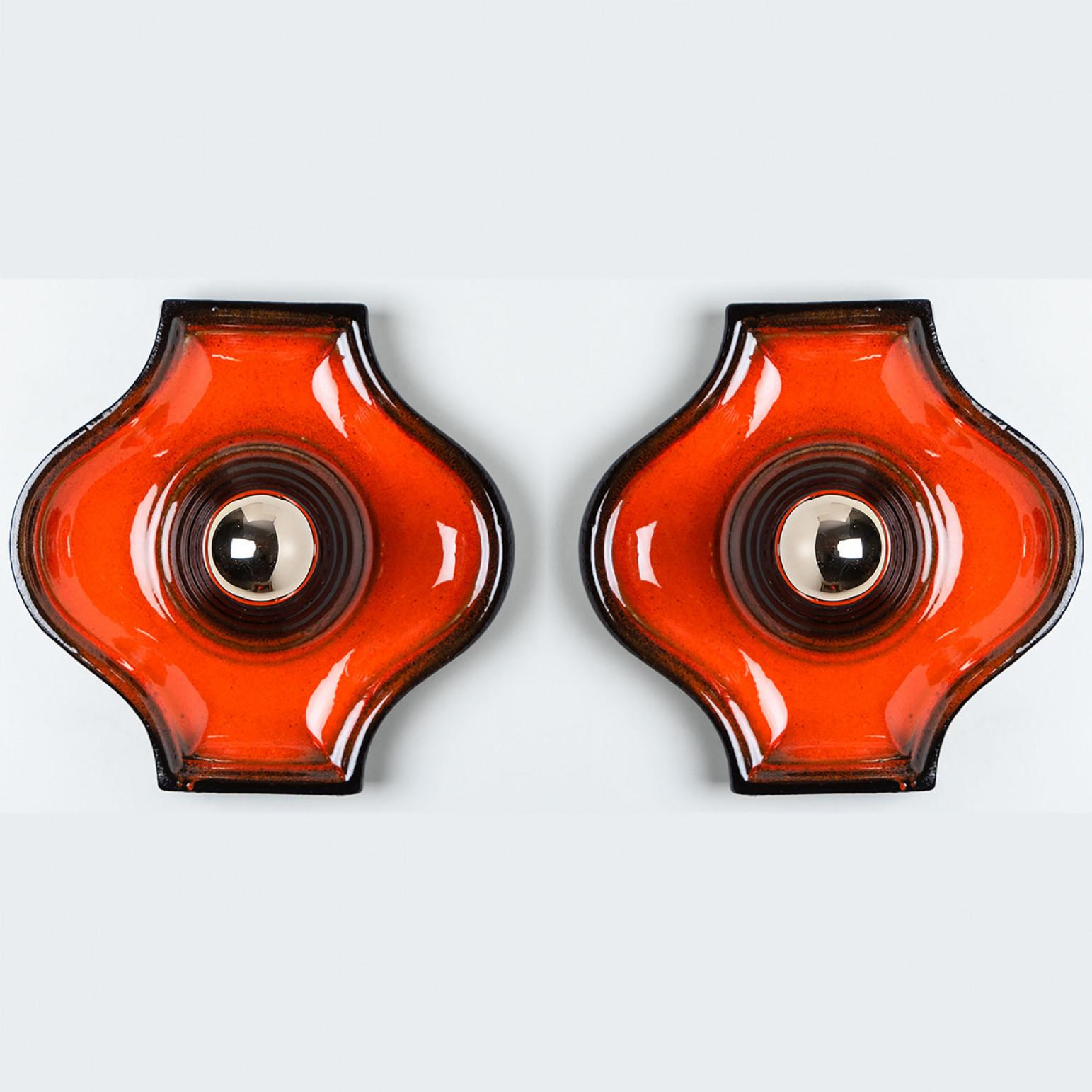 Pair of Orange and Brown Ceramic Wall Light, West-Germany For Sale 6