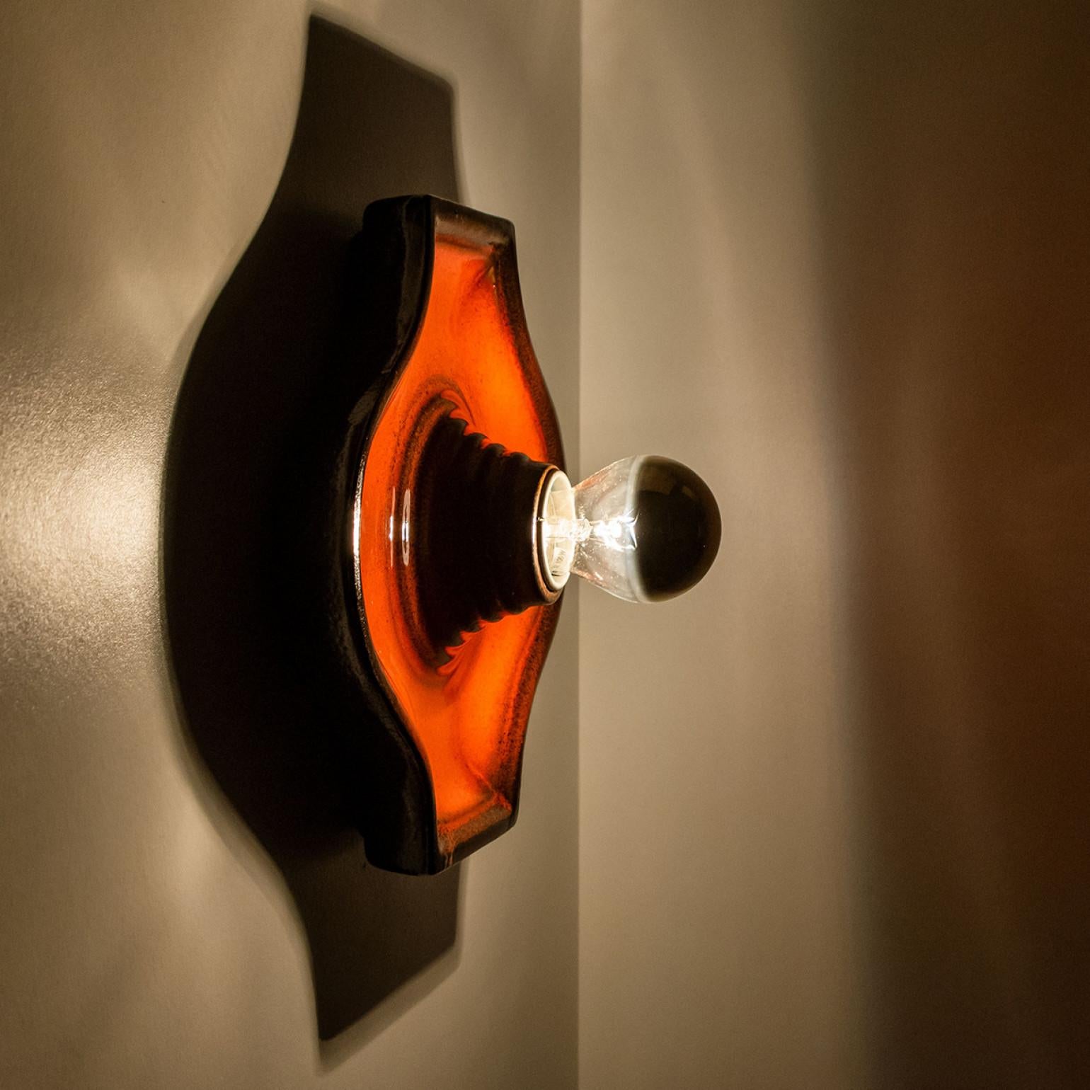 Late 20th Century Pair of Orange and Brown Ceramic Wall Light, West-Germany For Sale