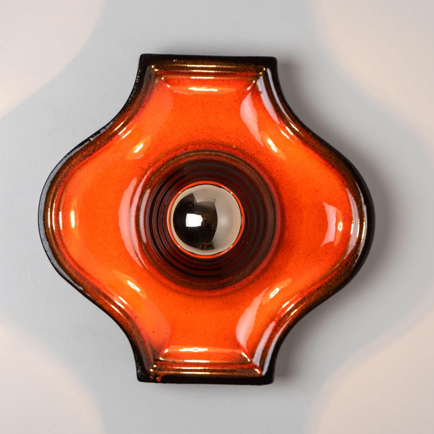 Pair of Orange and Brown Ceramic Wall Light, West-Germany For Sale 1
