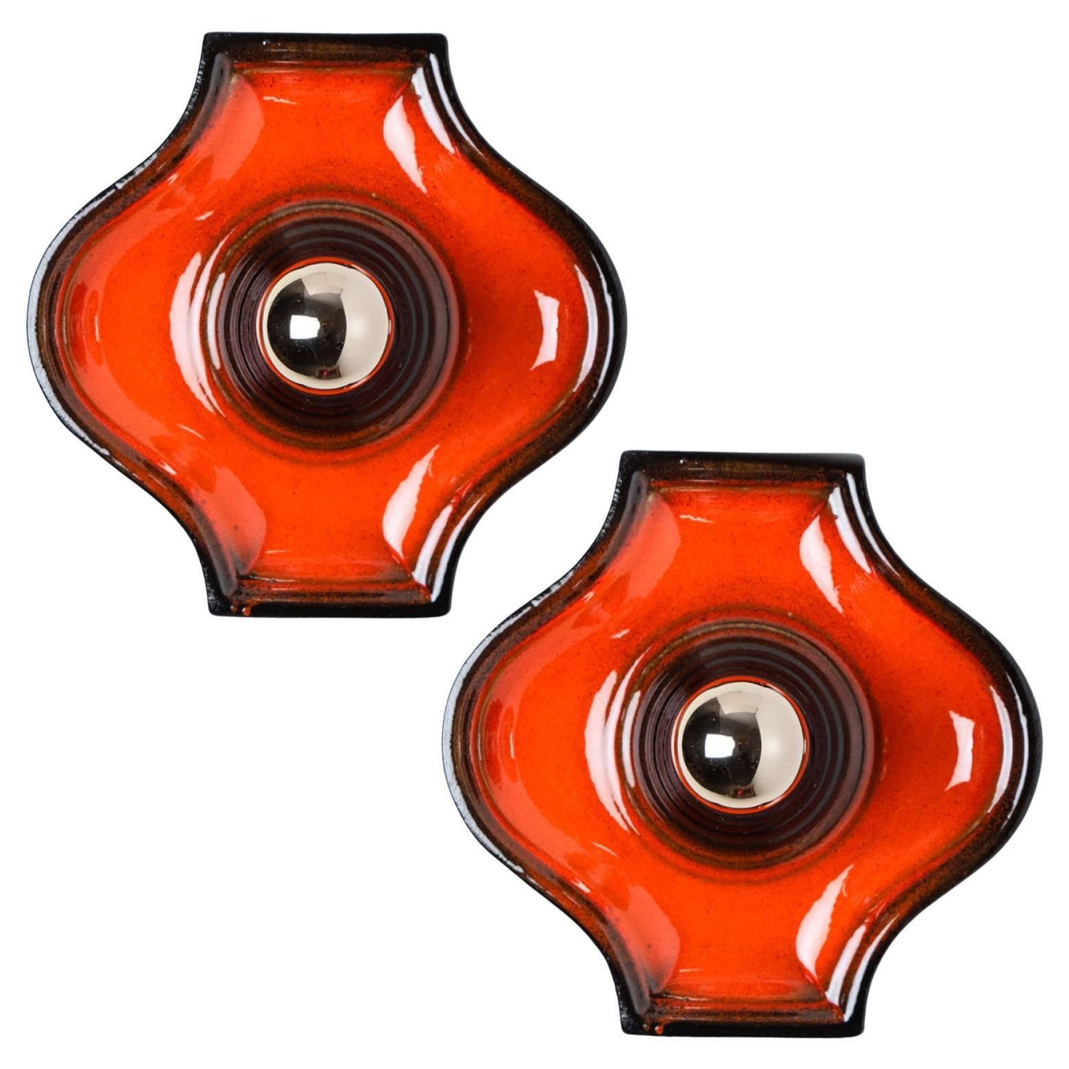 Pair of Orange and Brown Ceramic Wall Light, West-Germany
