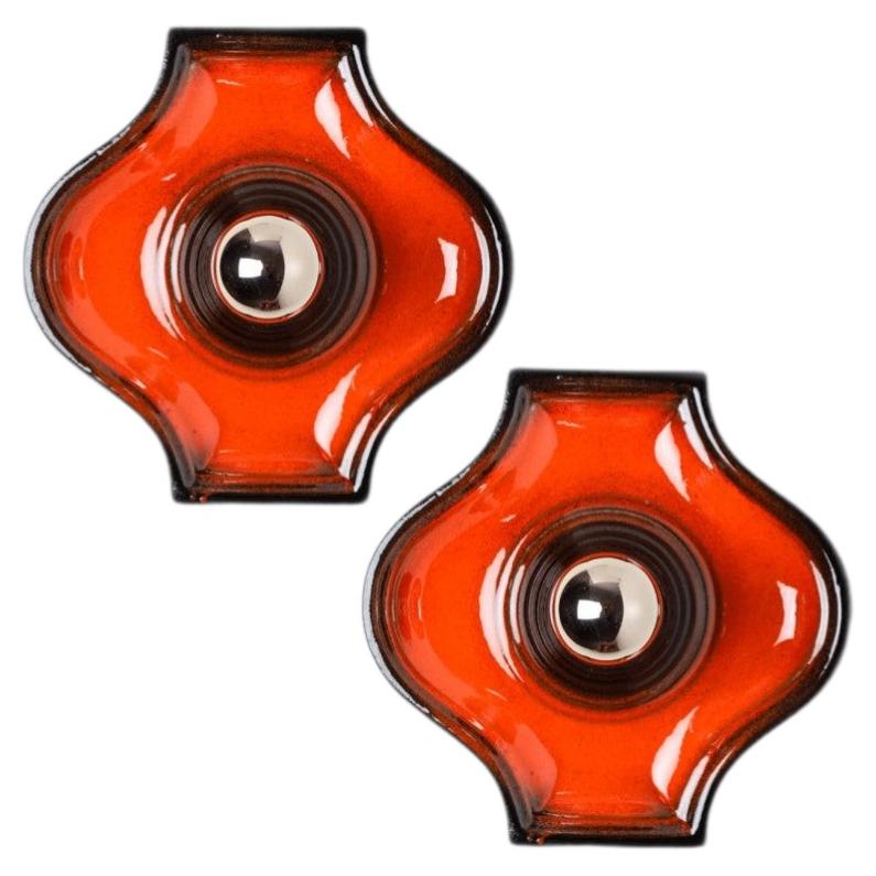 Pair of Orange and Brown Ceramic Wall Light, West-Germany For Sale