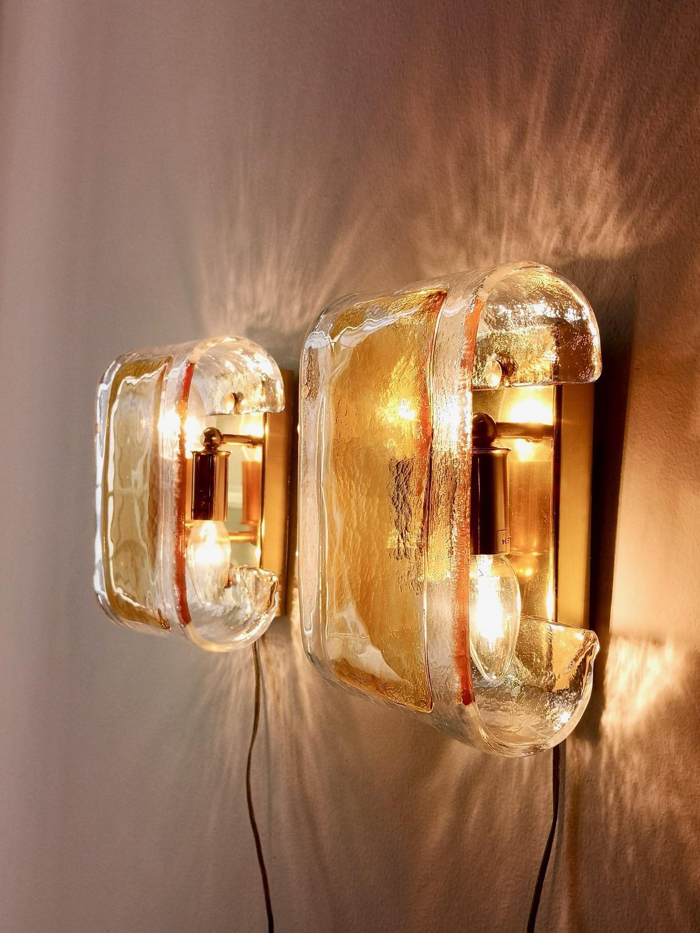 Brass Pair of Orange and Clear Murano Glass Wall Lights by La Murrina, Italy, 1980s