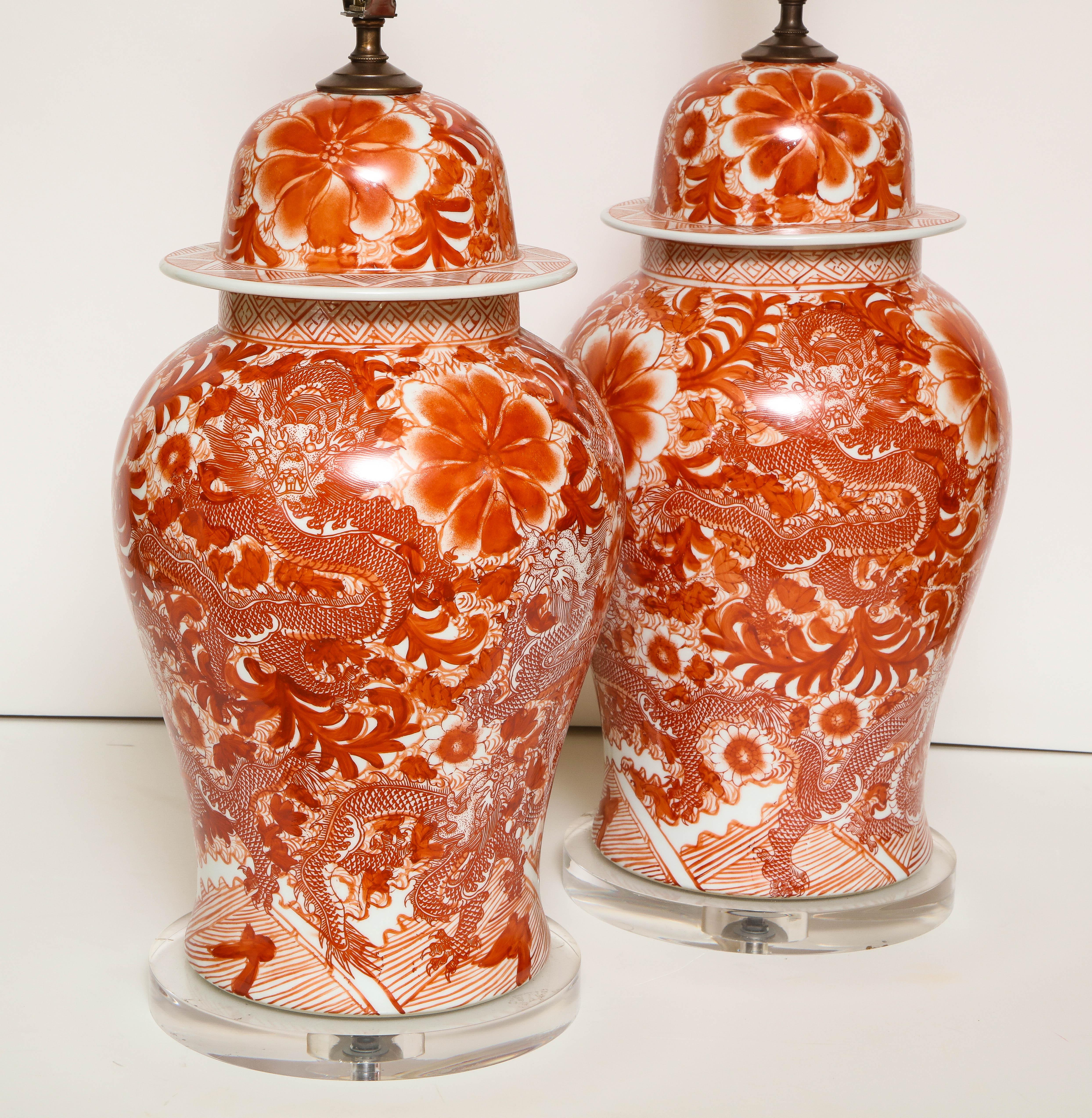 20th Century Pair of Orange and White Ceramic Lamps