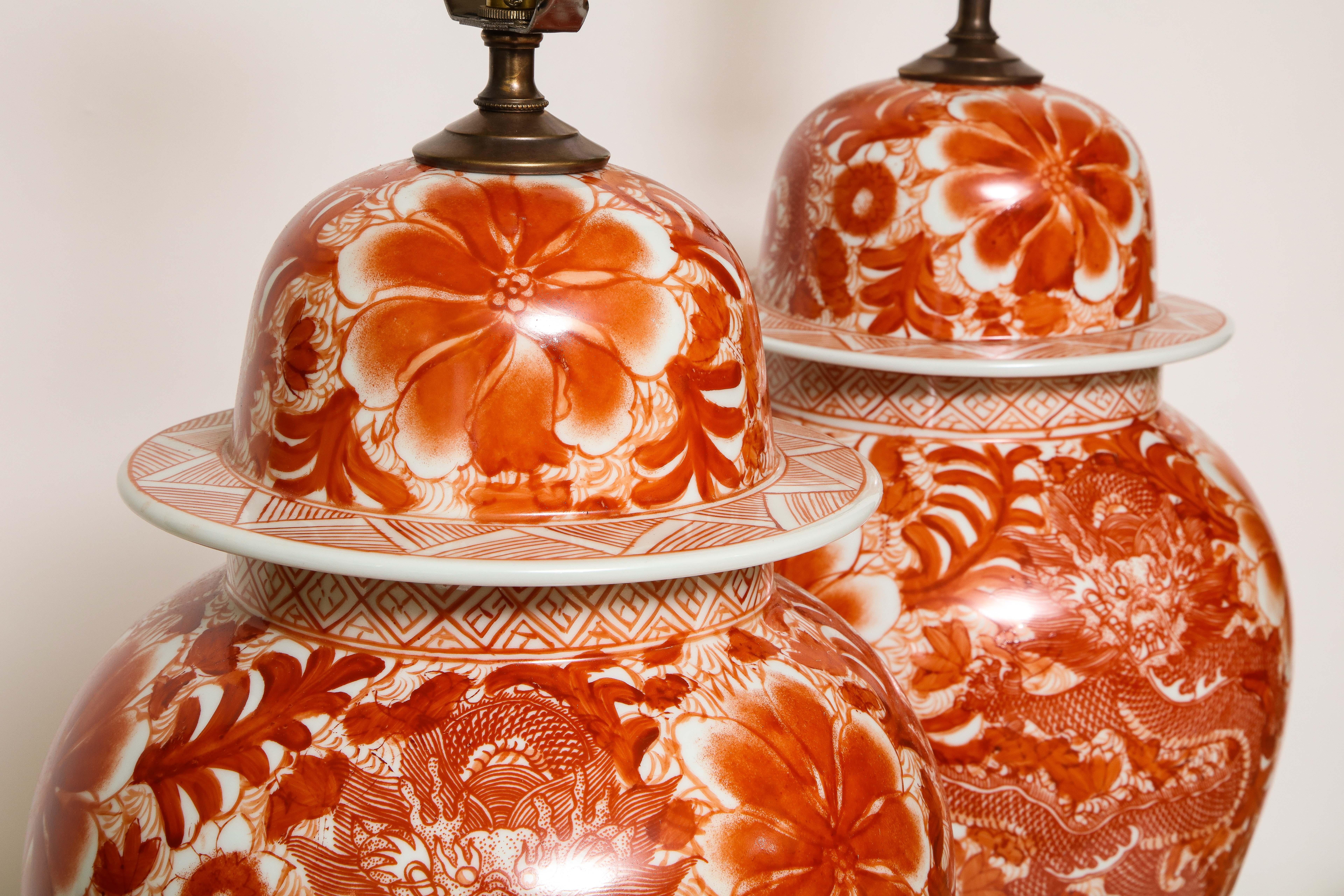 Pair of Orange and White Ceramic Lamps 1
