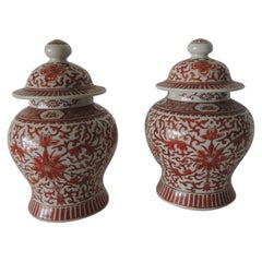 Pair of Orange and White Chinese Decorative Ginger Jars with Lids