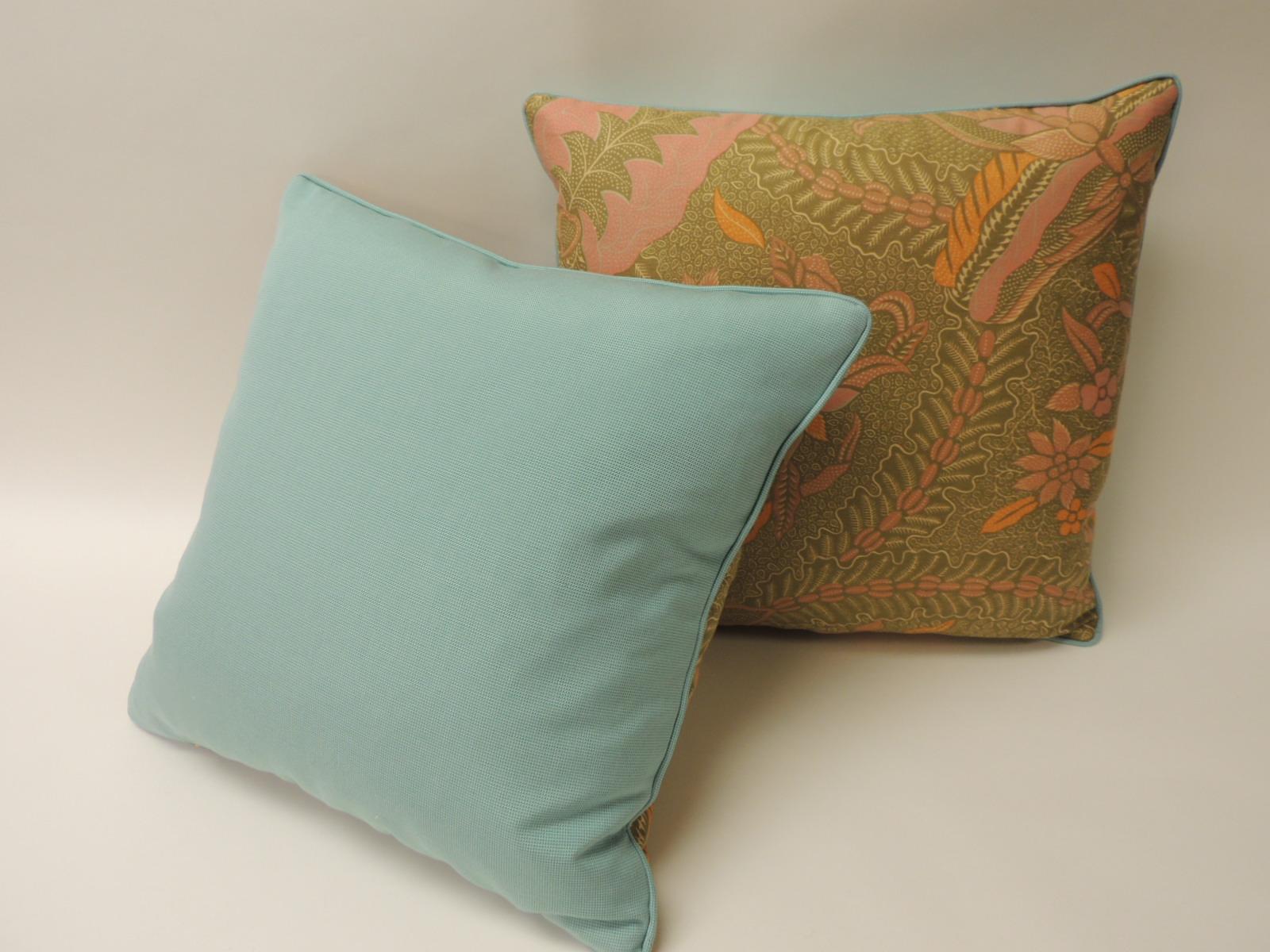 Bohemian Pair of Orange and Green Paisley Asian Batik Printed Decorative Pillows