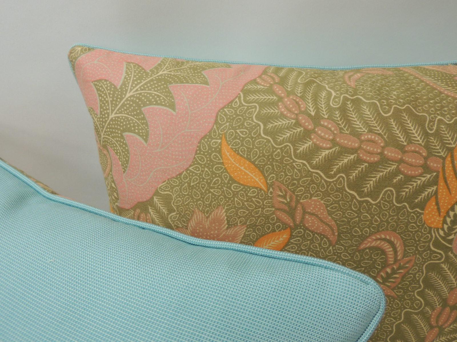Indonesian Pair of Orange and Green Paisley Asian Batik Printed Decorative Pillows