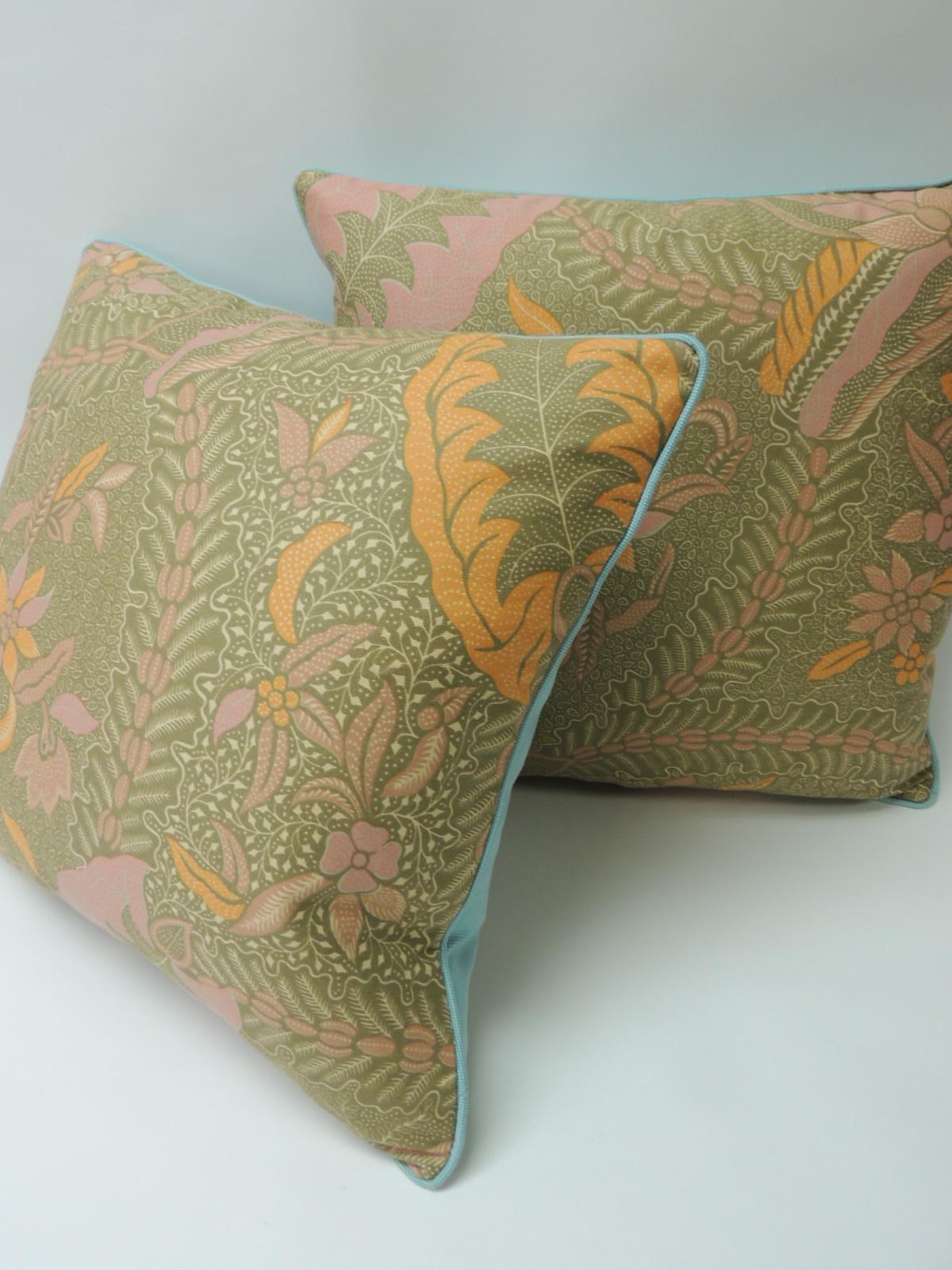 Hand-Crafted Pair of Orange and Green Paisley Asian Batik Printed Decorative Pillows
