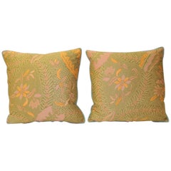 Pair of Orange and Green Paisley Asian Batik Printed Decorative Pillows