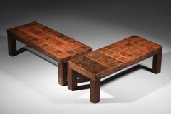 Pair of orange ceramic coffee tables by Jacques Blin