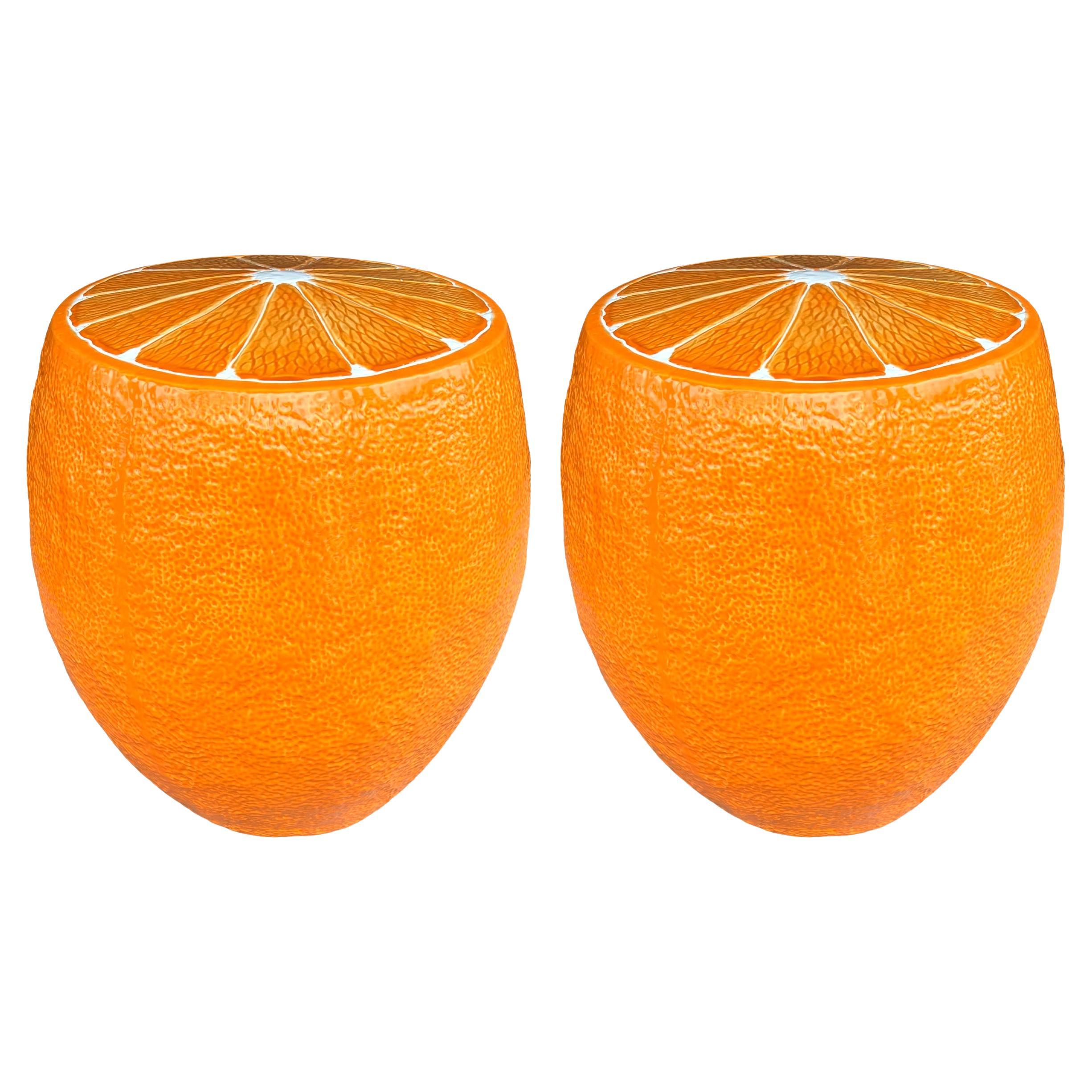 Pair of Orange Ceramic Garden Stools For Sale