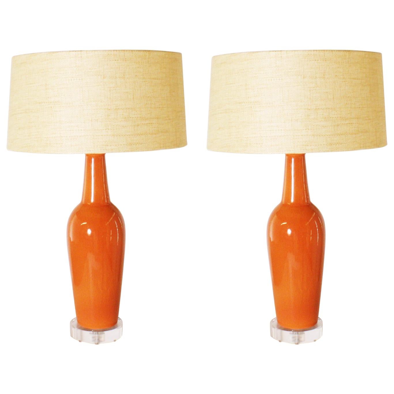 Pair of Orange Ceramic Ginger Jar Lamps, circa 1940