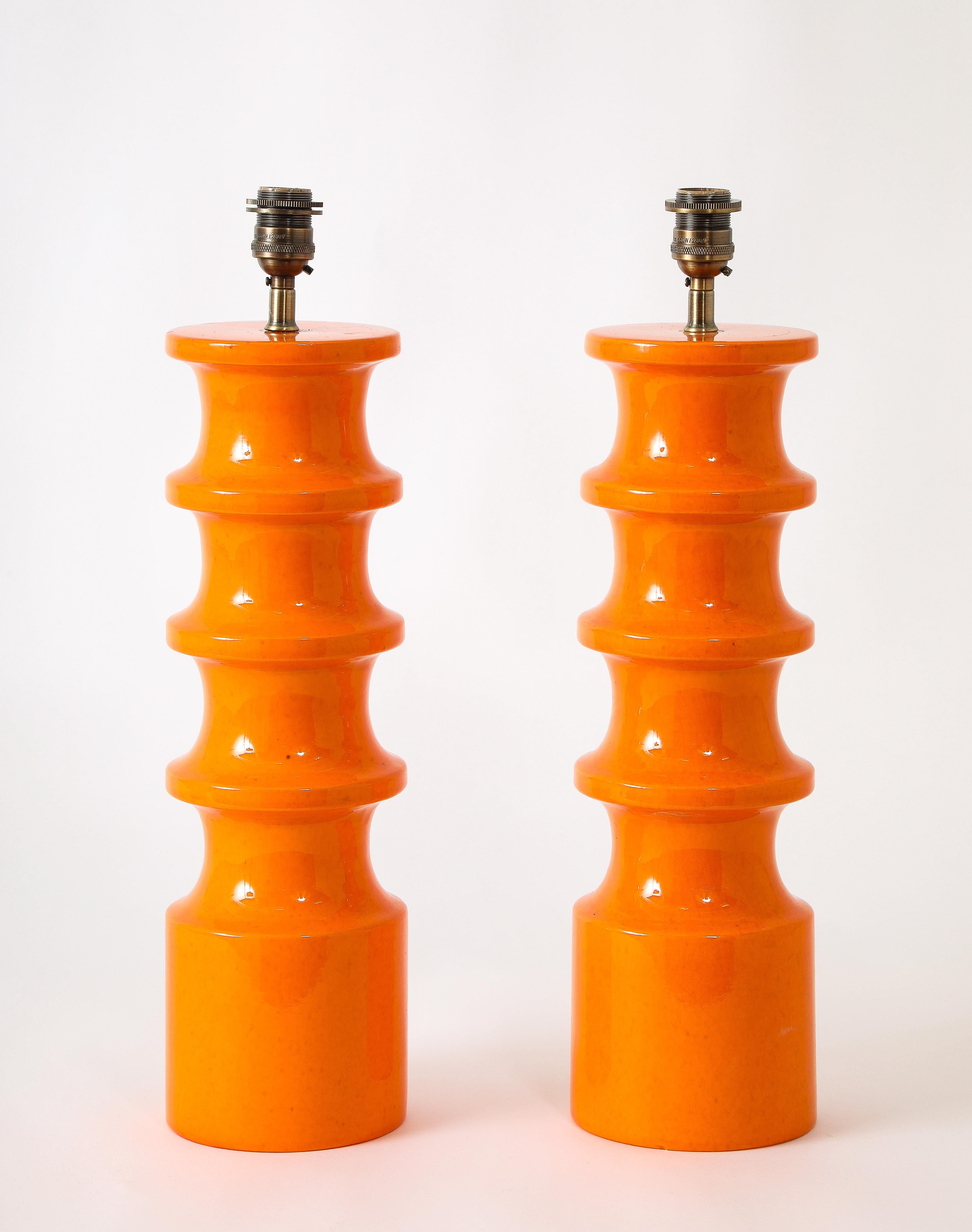 Pair Of Orange Crackle Ceramic Lamps, Italy 1950's For Sale 4