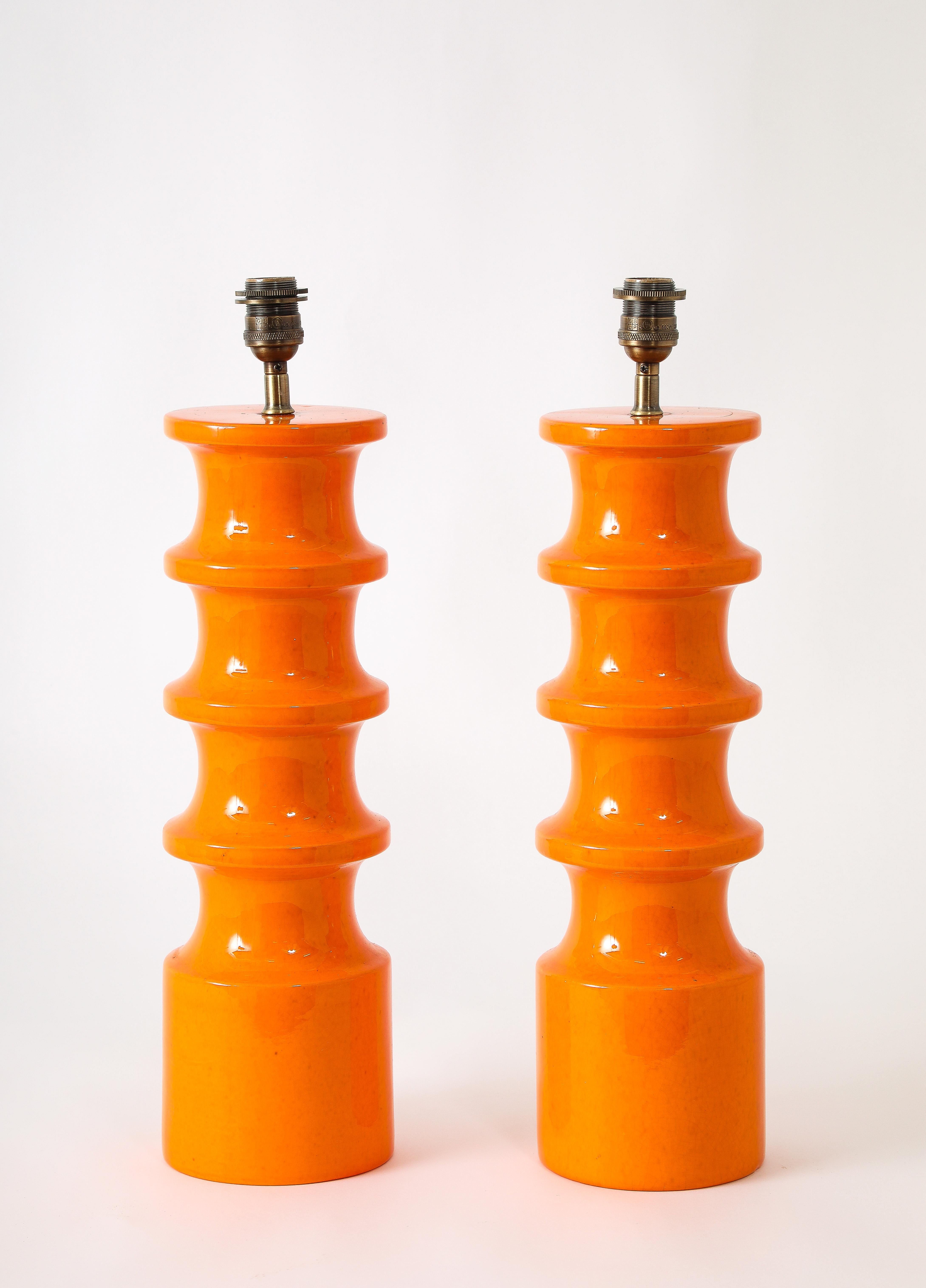 Pair Of Orange Crackle Ceramic Lamps, Italy 1950's For Sale 6