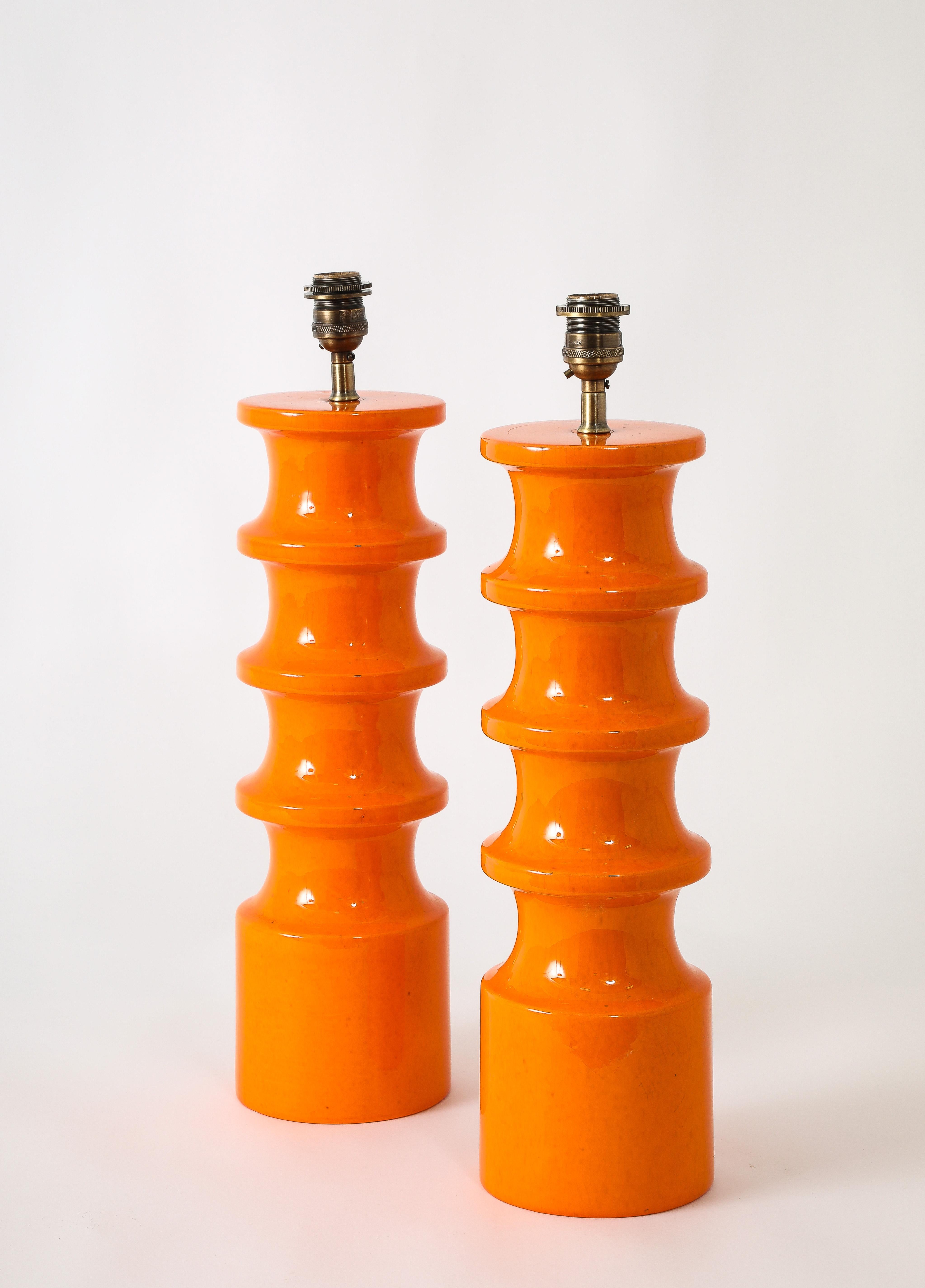 French Pair Of Orange Crackle Ceramic Lamps, Italy 1950's For Sale