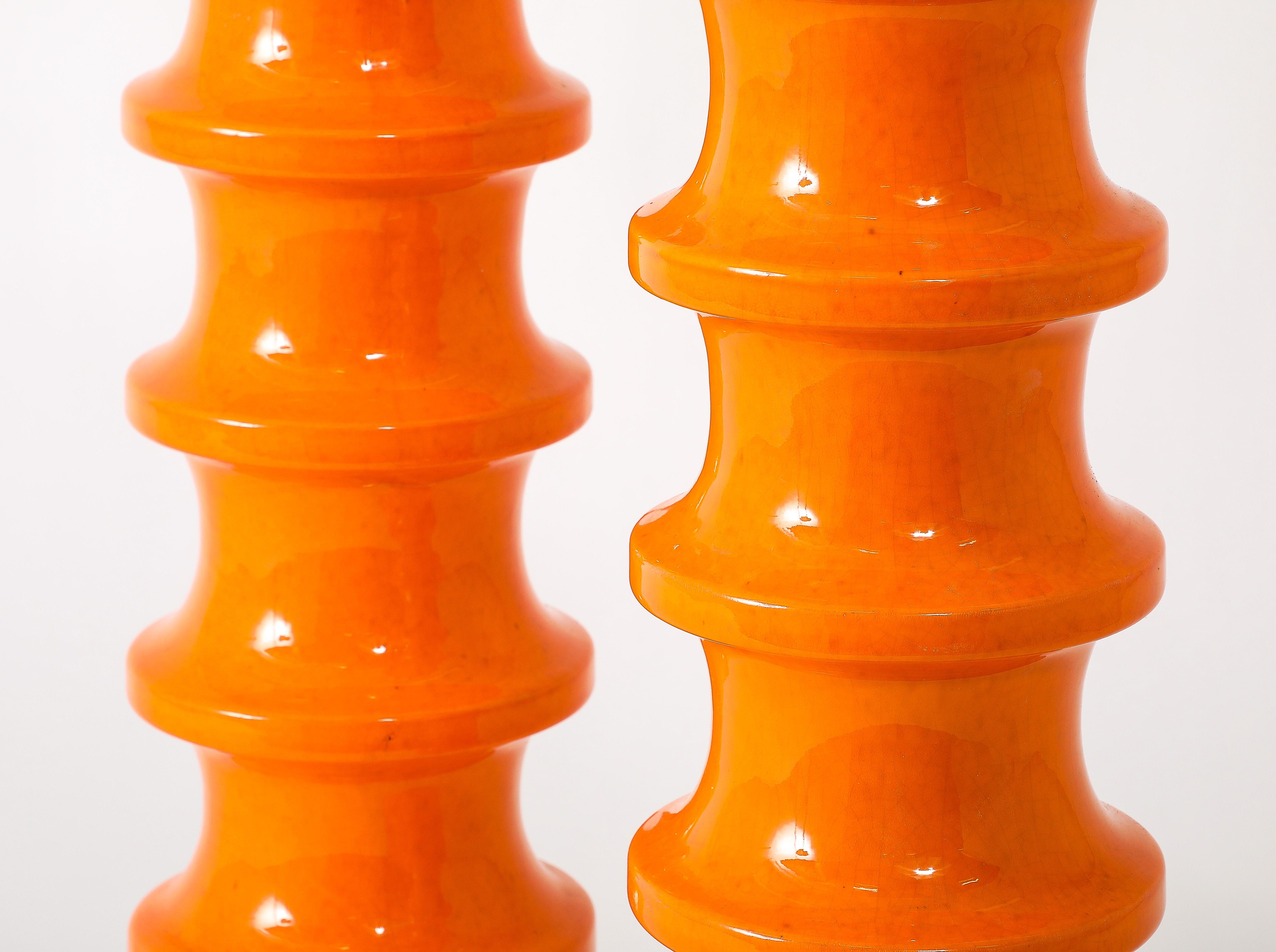20th Century Pair Of Orange Crackle Ceramic Lamps, Italy 1950's For Sale