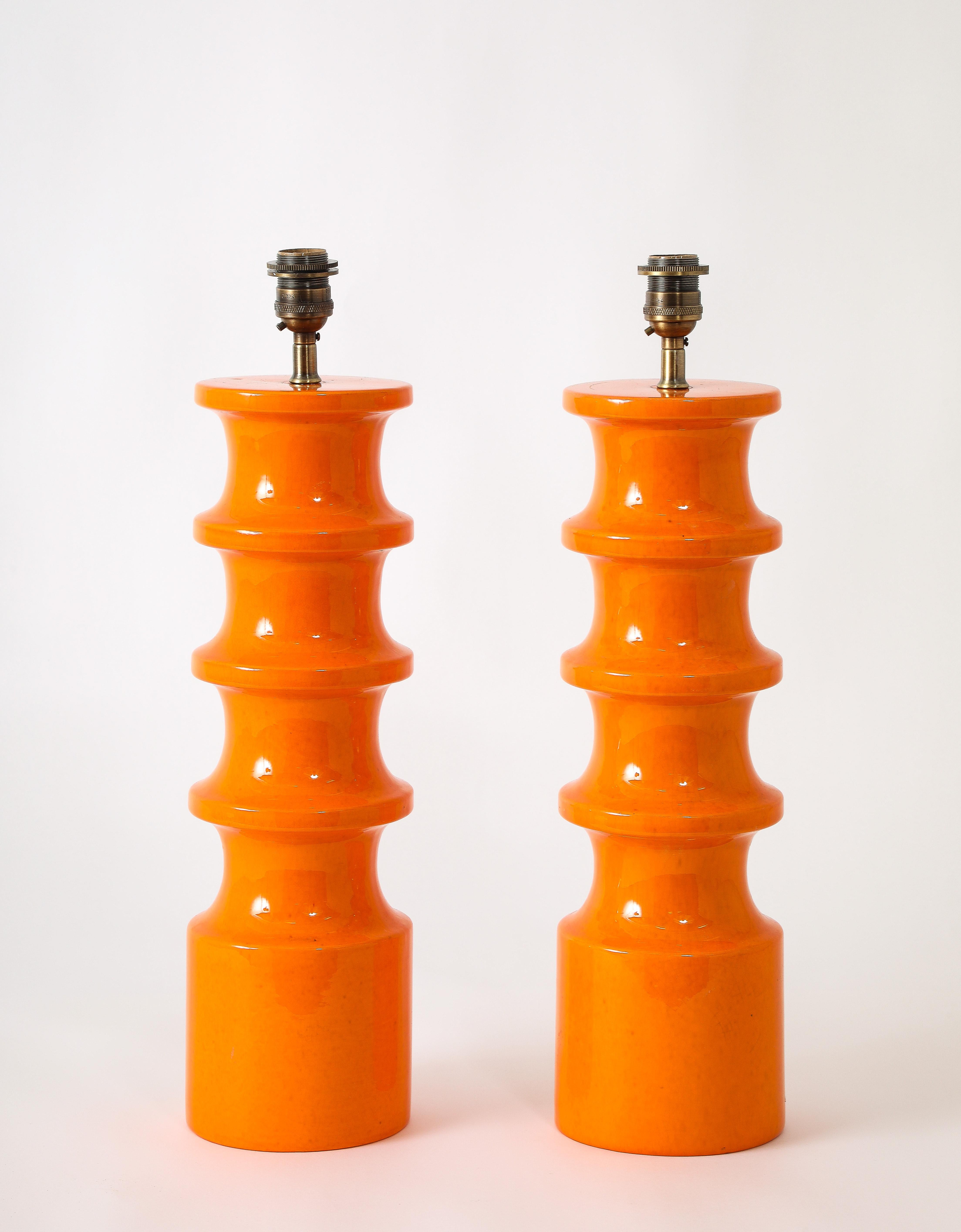 Pair Of Orange Crackle Ceramic Lamps, Italy 1950's For Sale 1