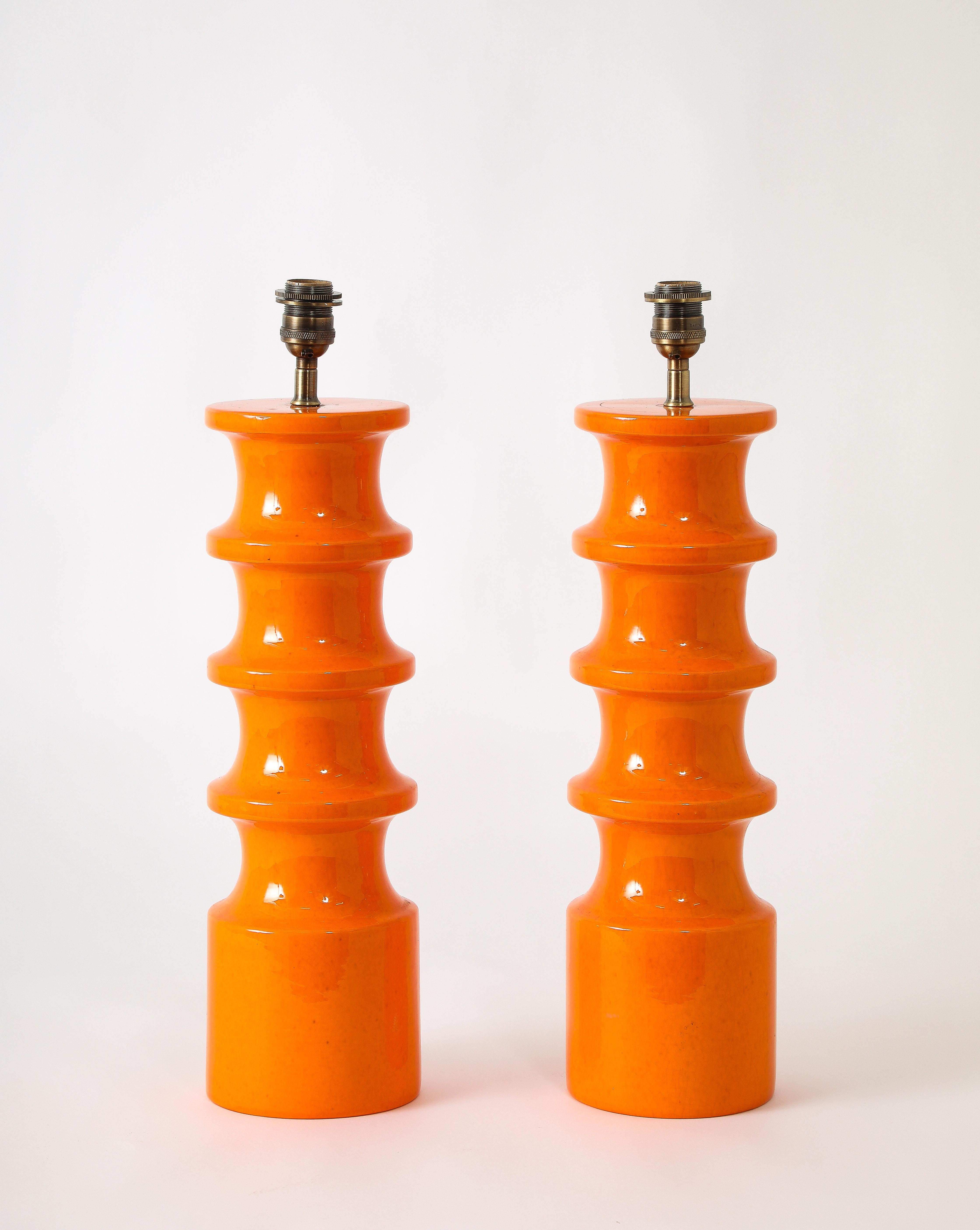 Pair Of Orange Crackle Ceramic Lamps, Italy 1950's For Sale 2