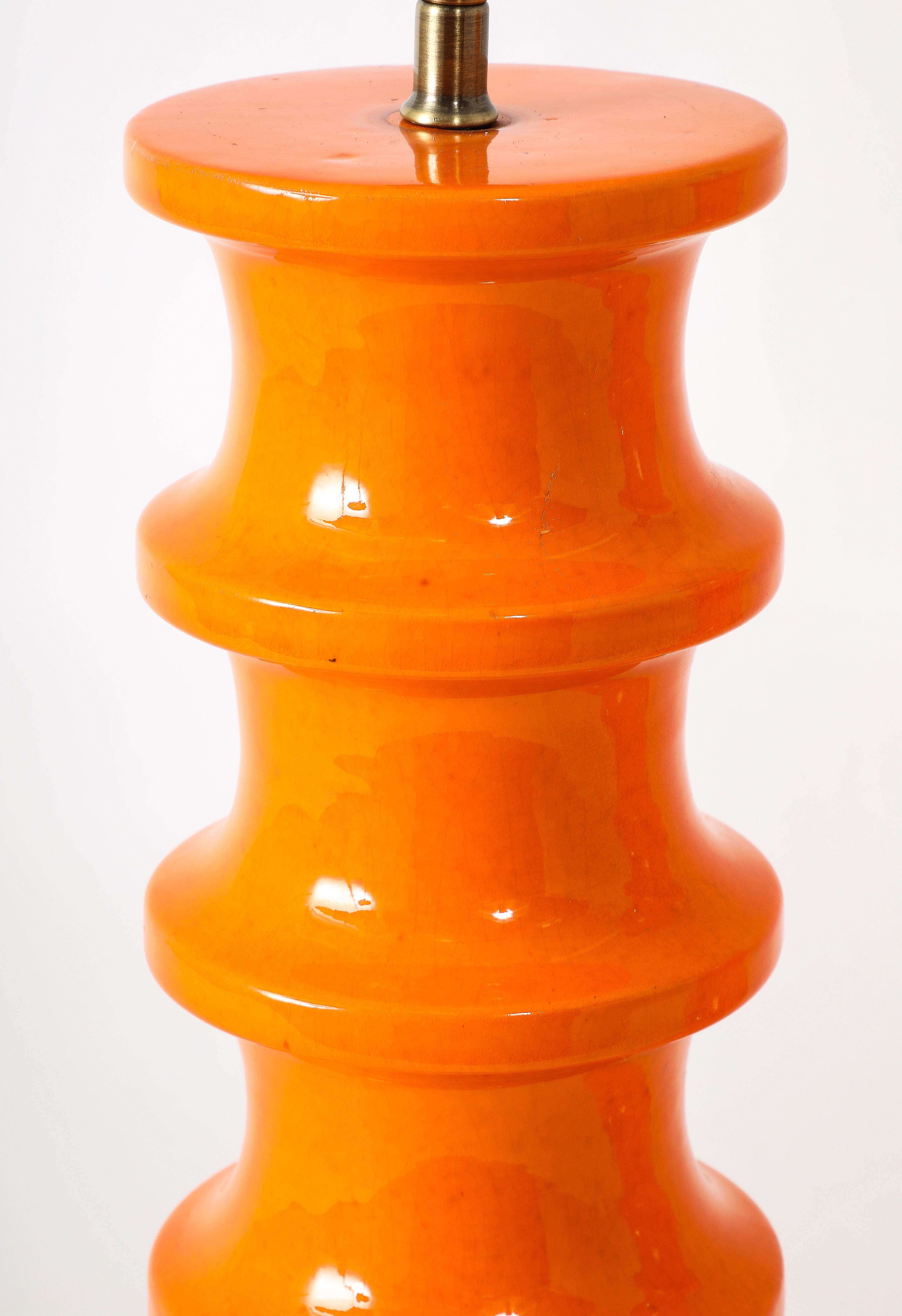 Pair Of Orange Crackle Ceramic Lamps, Italy 1950's For Sale 3