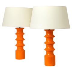 Pair Of Orange Crackle Ceramic Lamps, Italy 1950's