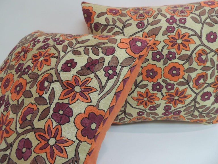 Pair Of Orange Floral Vintage Suzani Decorative Pillows For Sale