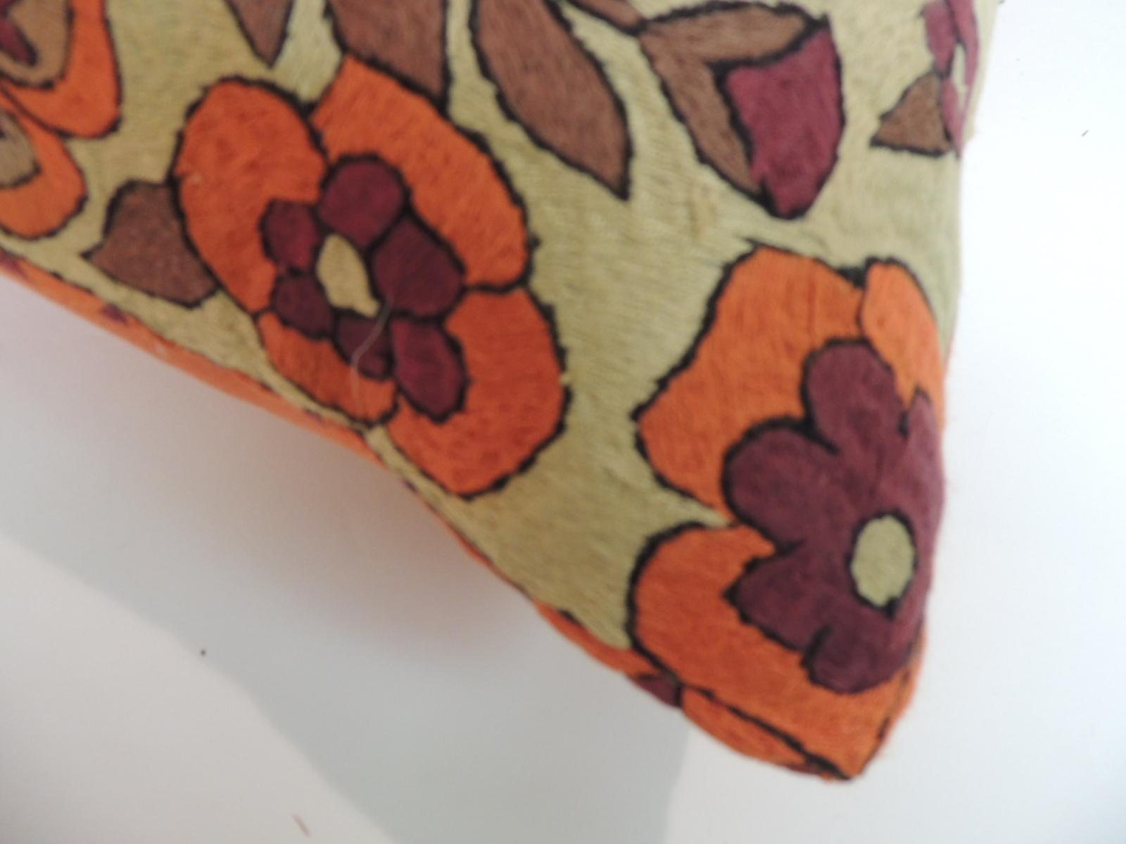 Uzbek Pair of Orange Floral Vintage Suzani Decorative Pillows