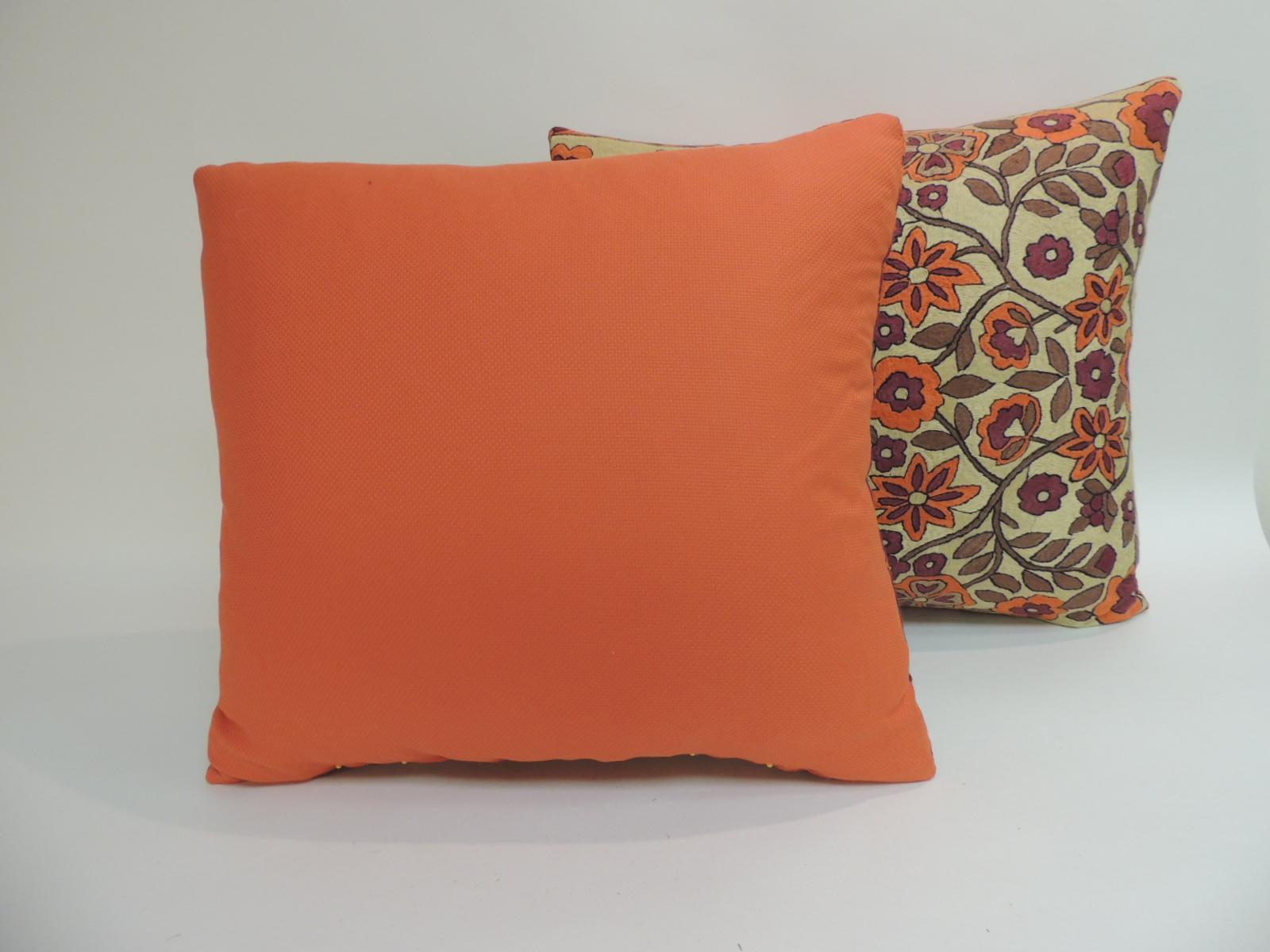 Hand-Crafted Pair of Orange Floral Vintage Suzani Decorative Pillows