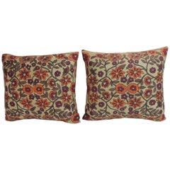 Pair of Orange Floral Vintage Suzani Decorative Pillows