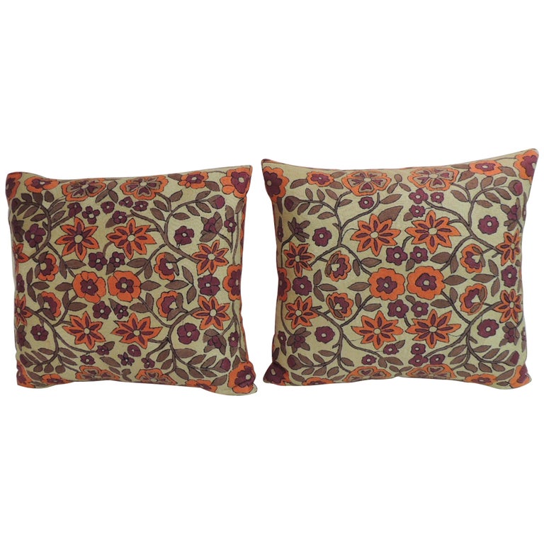 Pair Of Orange Floral Vintage Suzani Decorative Pillows For Sale