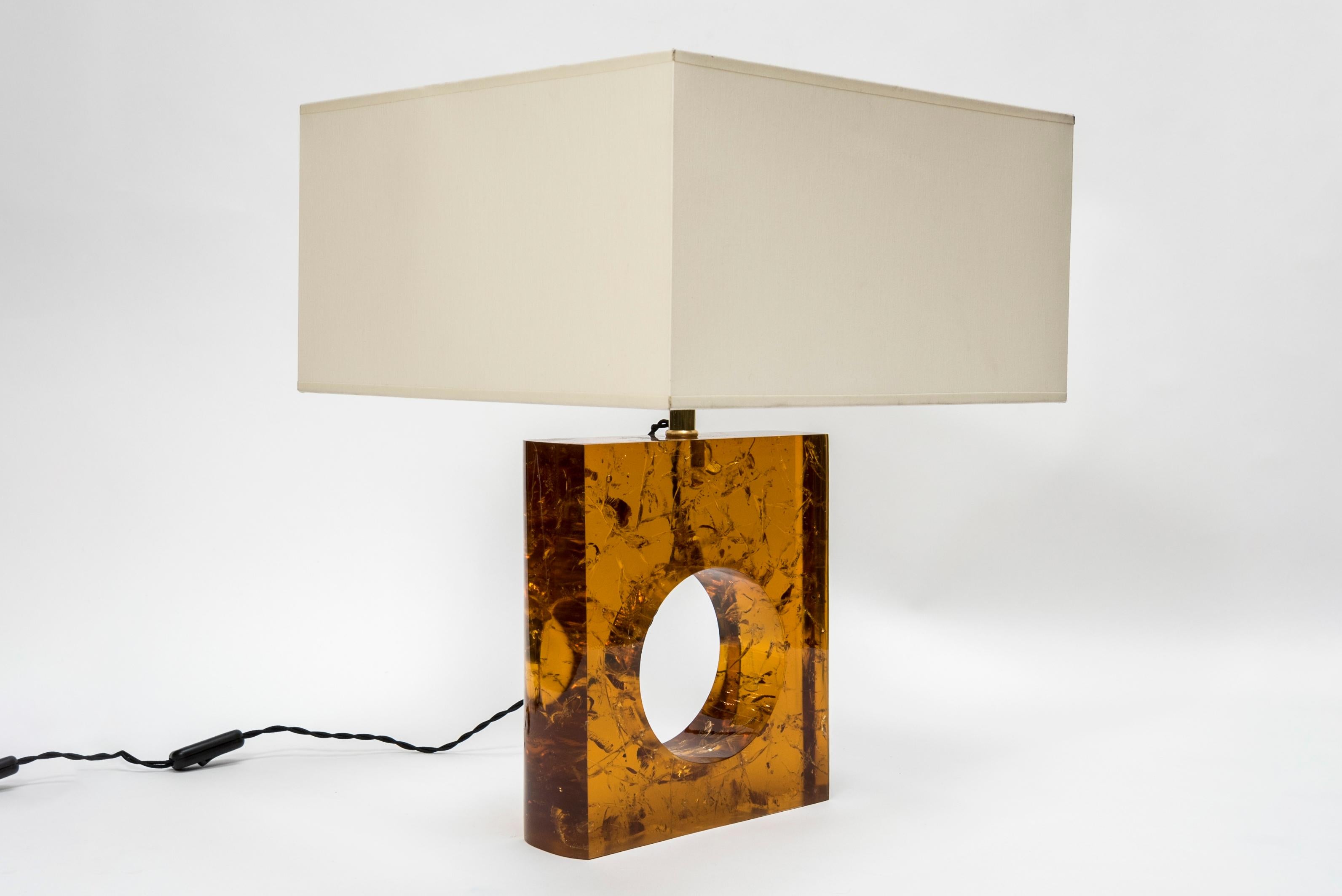 Italian Pair of Orange Fractal Resin Square Table Lamps