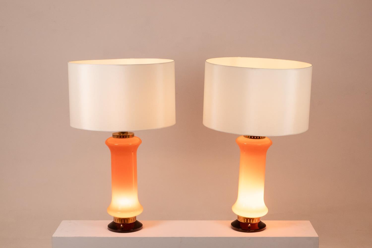 European Pair of orange glass lamps. 1970s. For Sale