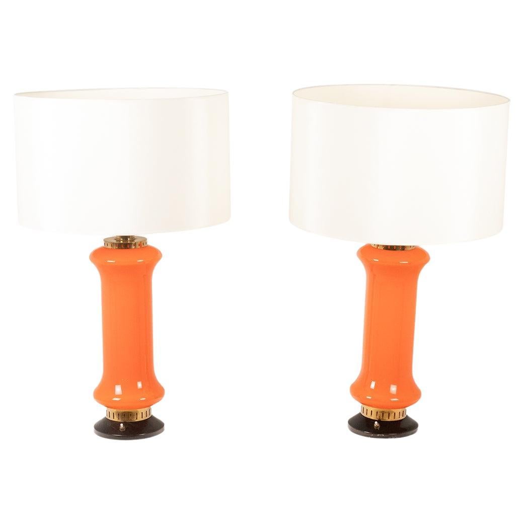 Pair of orange glass lamps. 1970s. For Sale