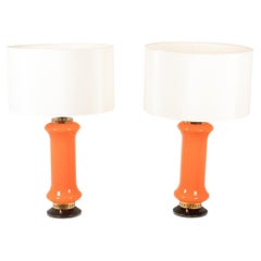Pair of orange glass lamps. 1970s.