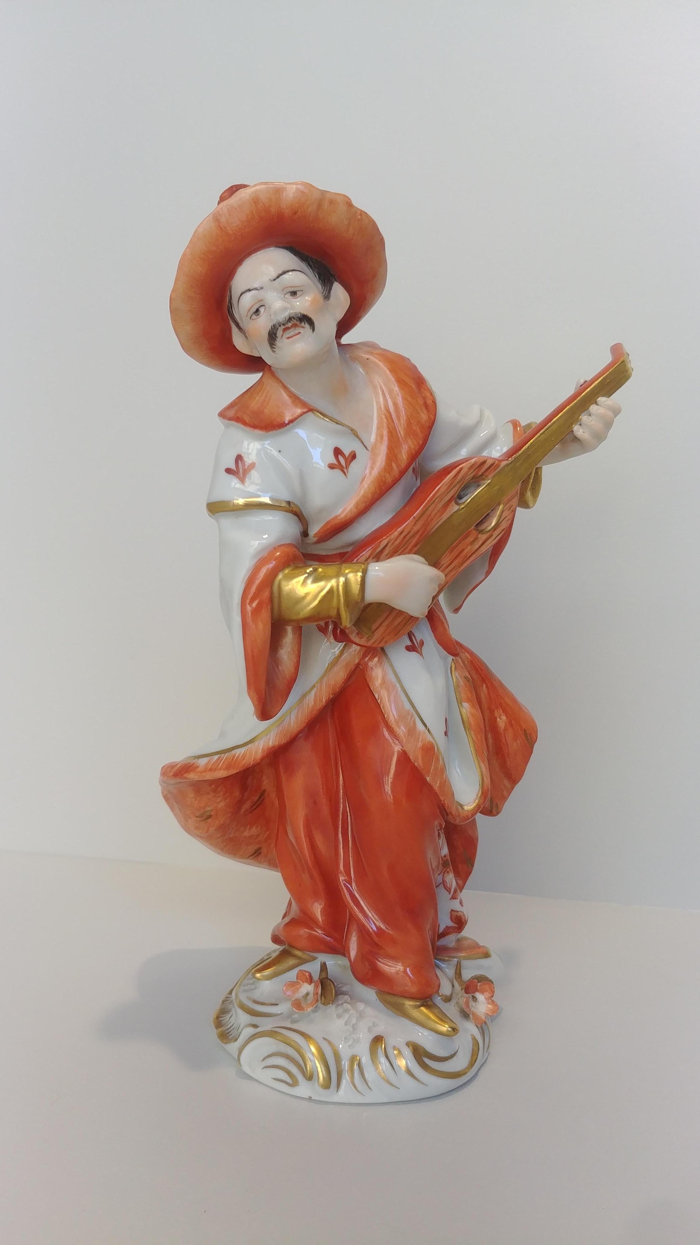Pair of Orange Gold Dresden Porcelain Figurines Chinese Musicians, 20th Century For Sale 5