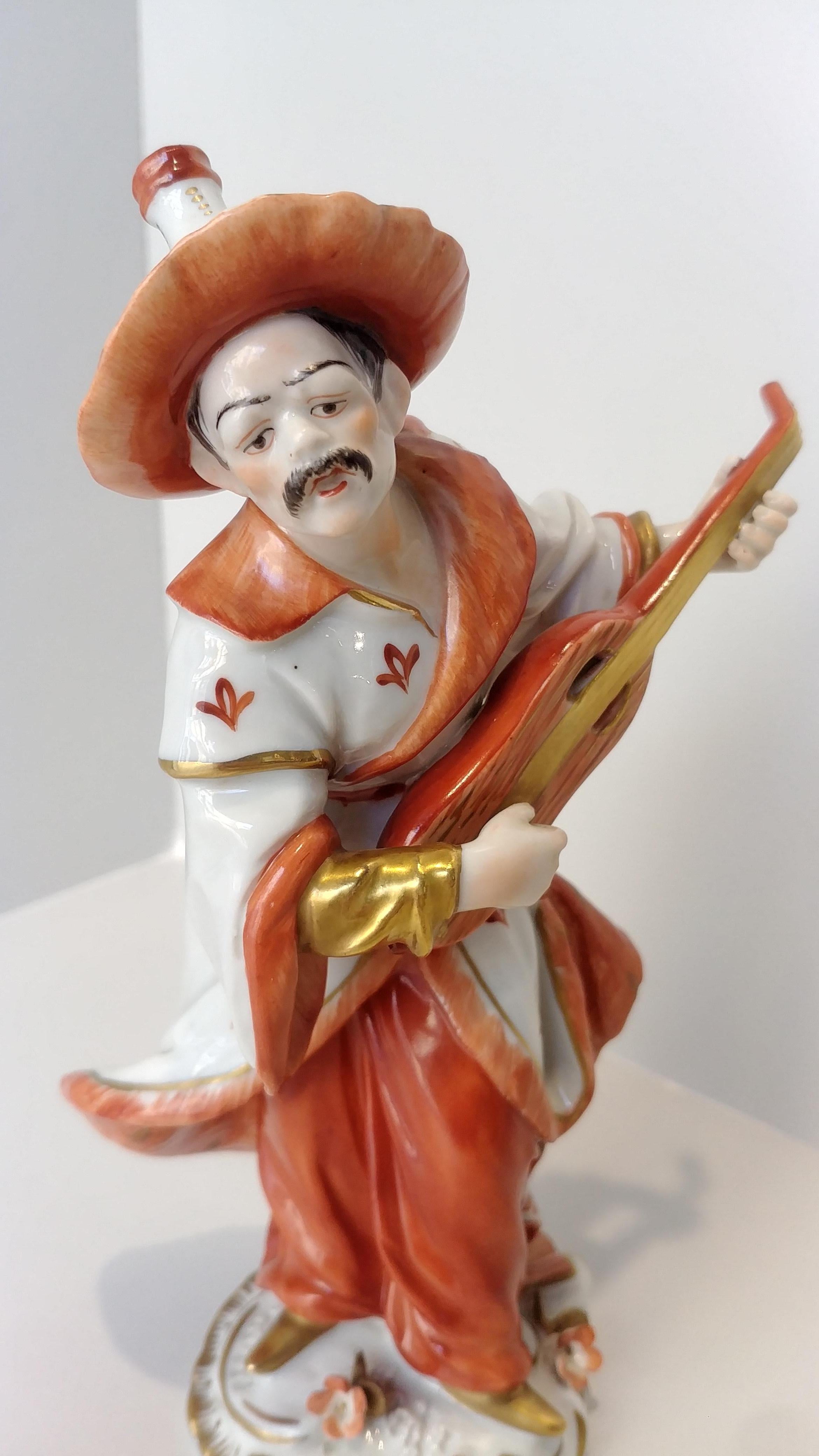 Pair of Orange Gold Dresden Porcelain Figurines Chinese Musicians, 20th Century For Sale 6