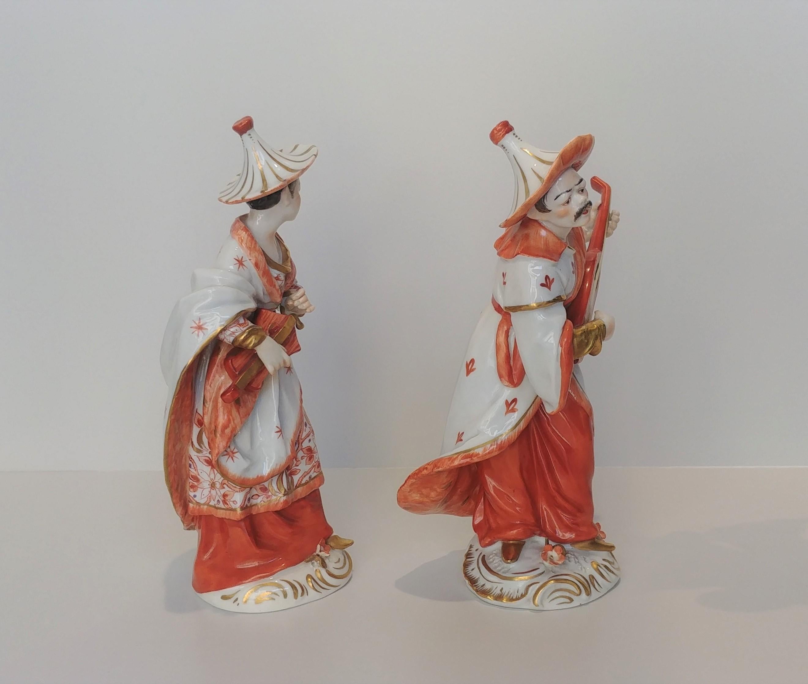 Pair of Orange Gold Dresden Porcelain Figurines Chinese Musicians, 20th Century For Sale 3