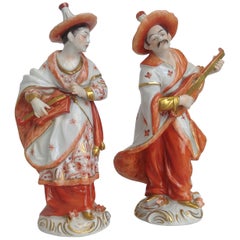 Vintage Pair of Orange Gold Dresden Porcelain Figurines Chinese Musicians, 20th Century