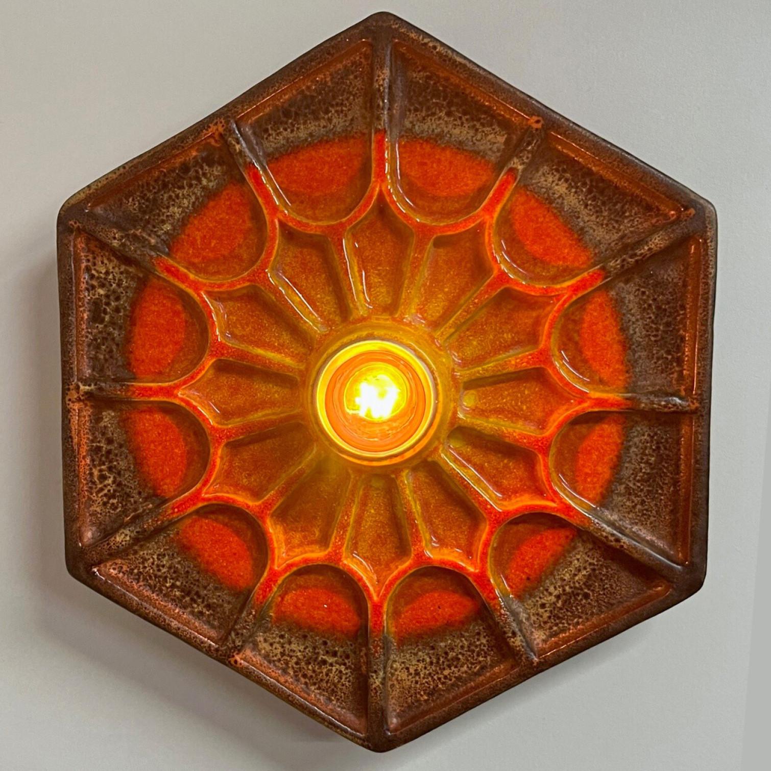 Space Age Pair of Orange Hex-shaped Ceramic Wall Lights, Germany, 1970 For Sale