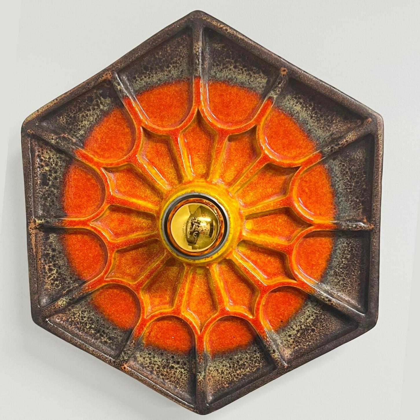 Glazed Pair of Orange Hex-shaped Ceramic Wall Lights, Germany, 1970 For Sale