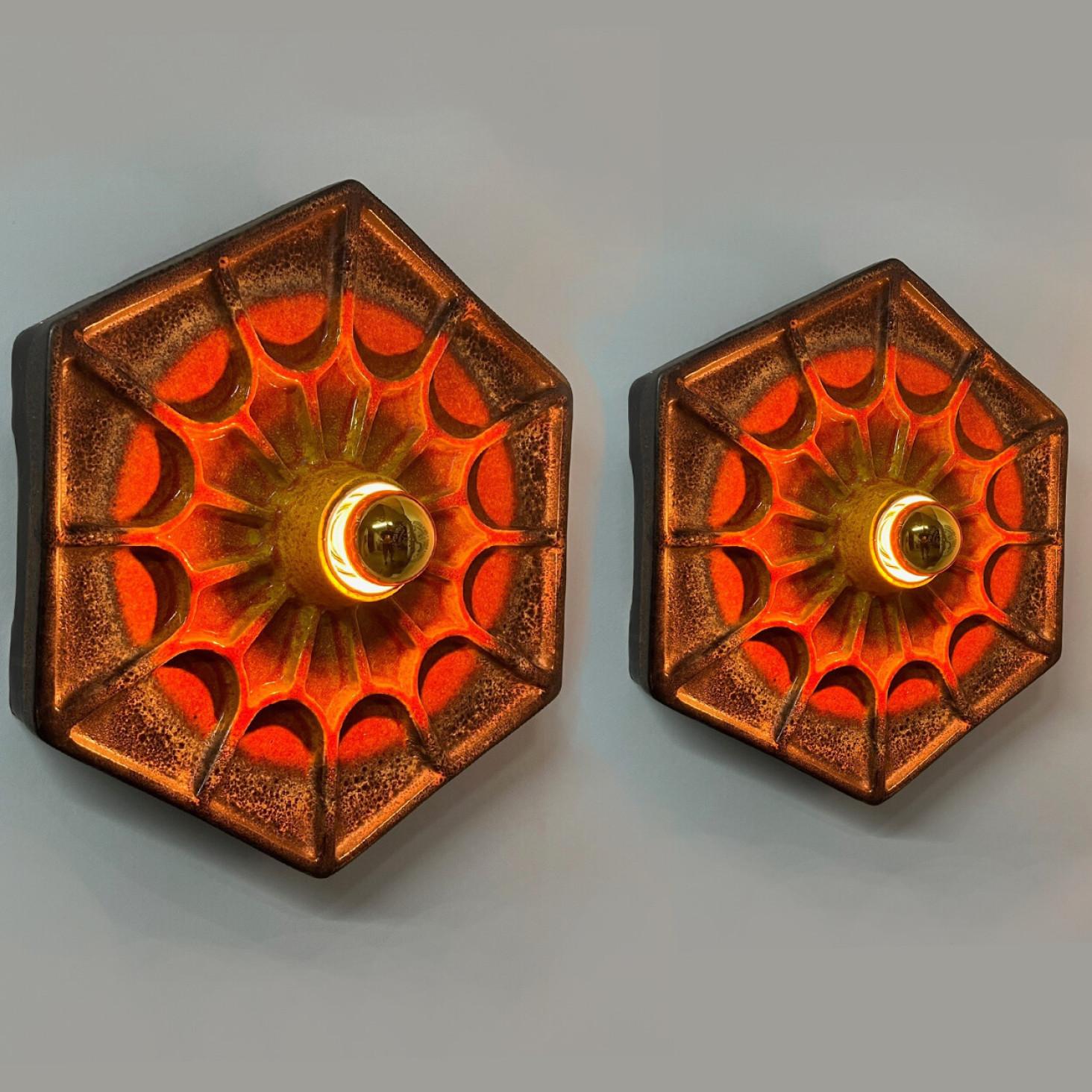 Pair of Orange Hex-shaped Ceramic Wall Lights, Germany, 1970 In Good Condition For Sale In Rijssen, NL