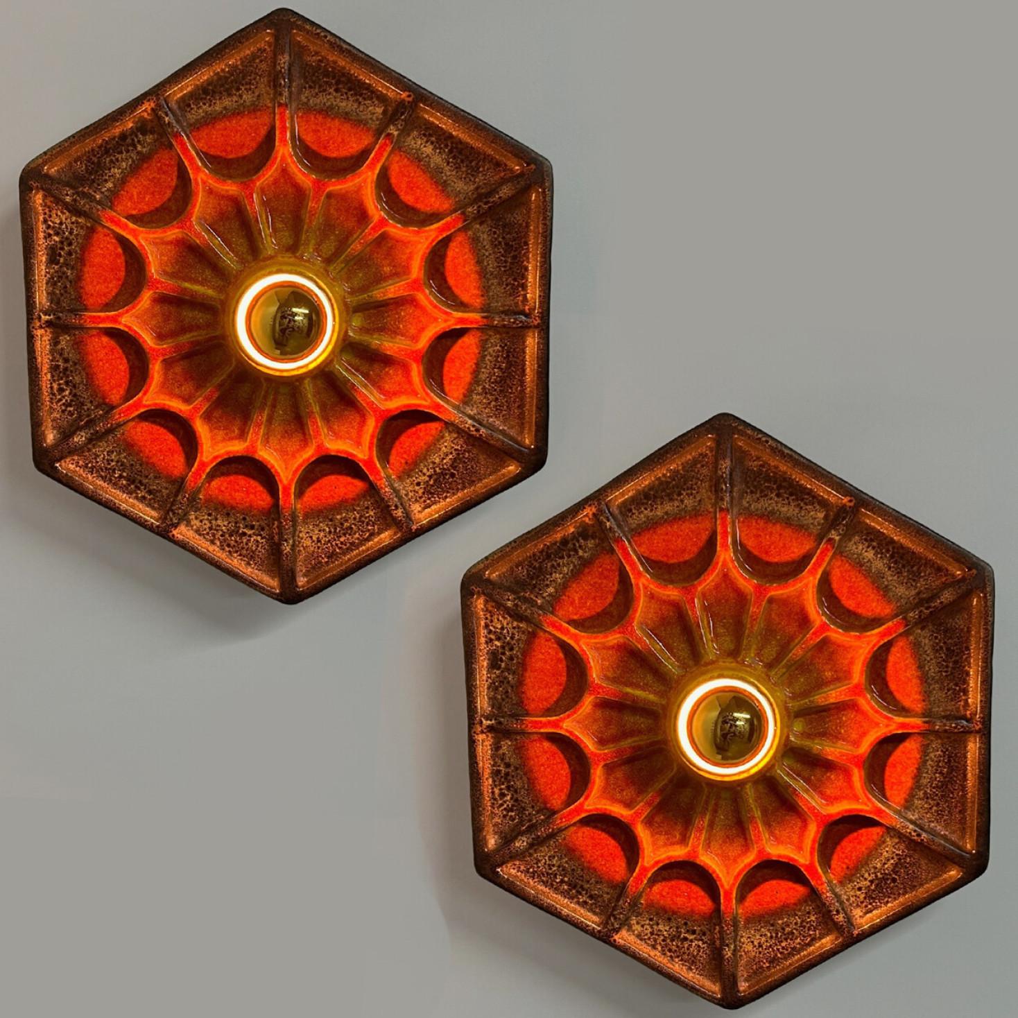 Pair of Orange Hex-shaped Ceramic Wall Lights, Germany, 1970 For Sale 1