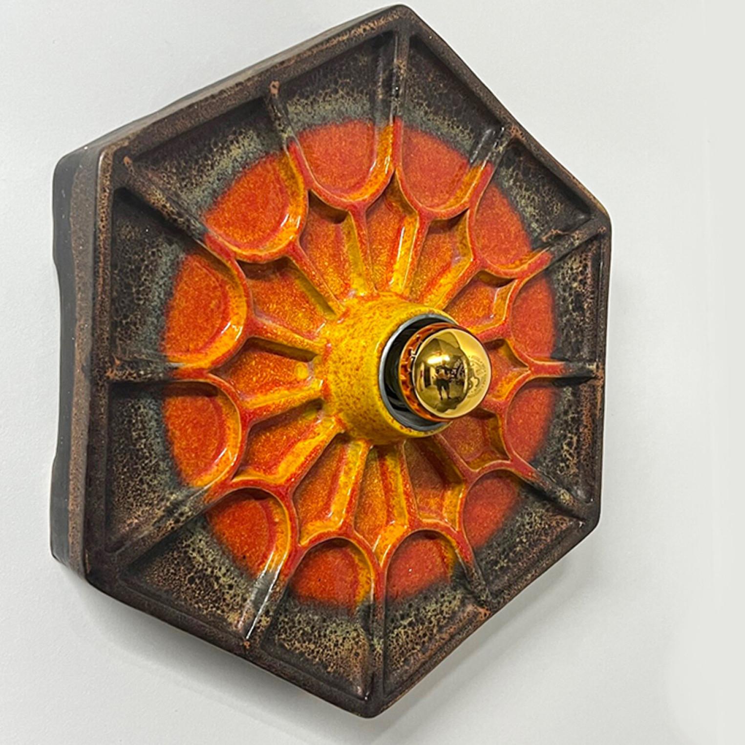 Pair of Orange Hex-shaped Ceramic Wall Lights, Germany, 1970 For Sale 2