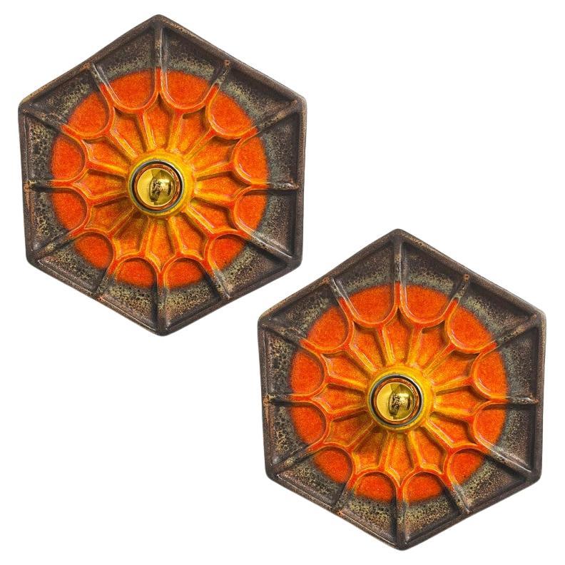 Pair of Orange Hex-shaped Ceramic Wall Lights, Germany, 1970 For Sale